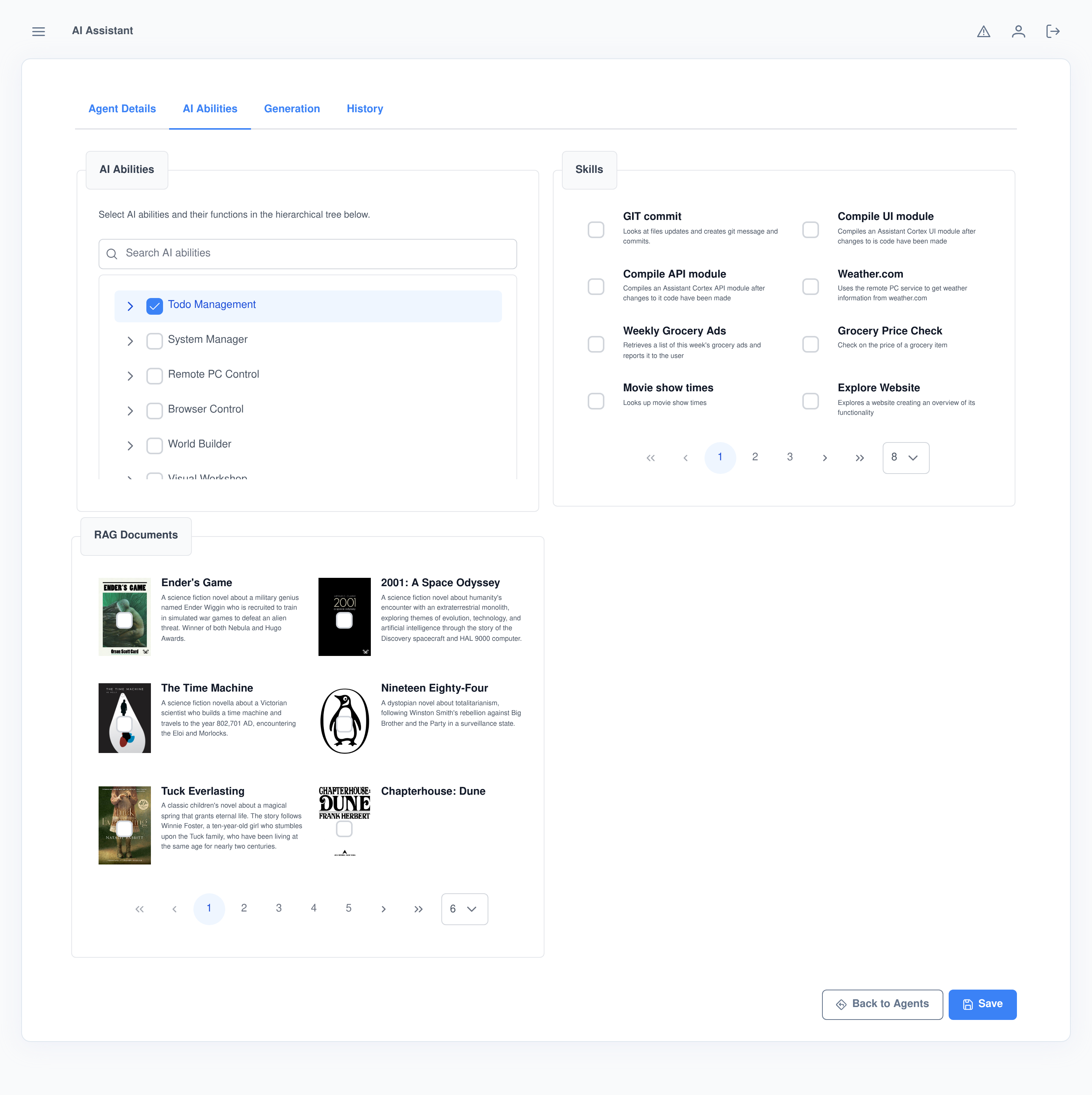 The AI Abilities tab: an ability tree, an attachable Skills grid, and a Knowledge Base RAG Documents panel added via injection point