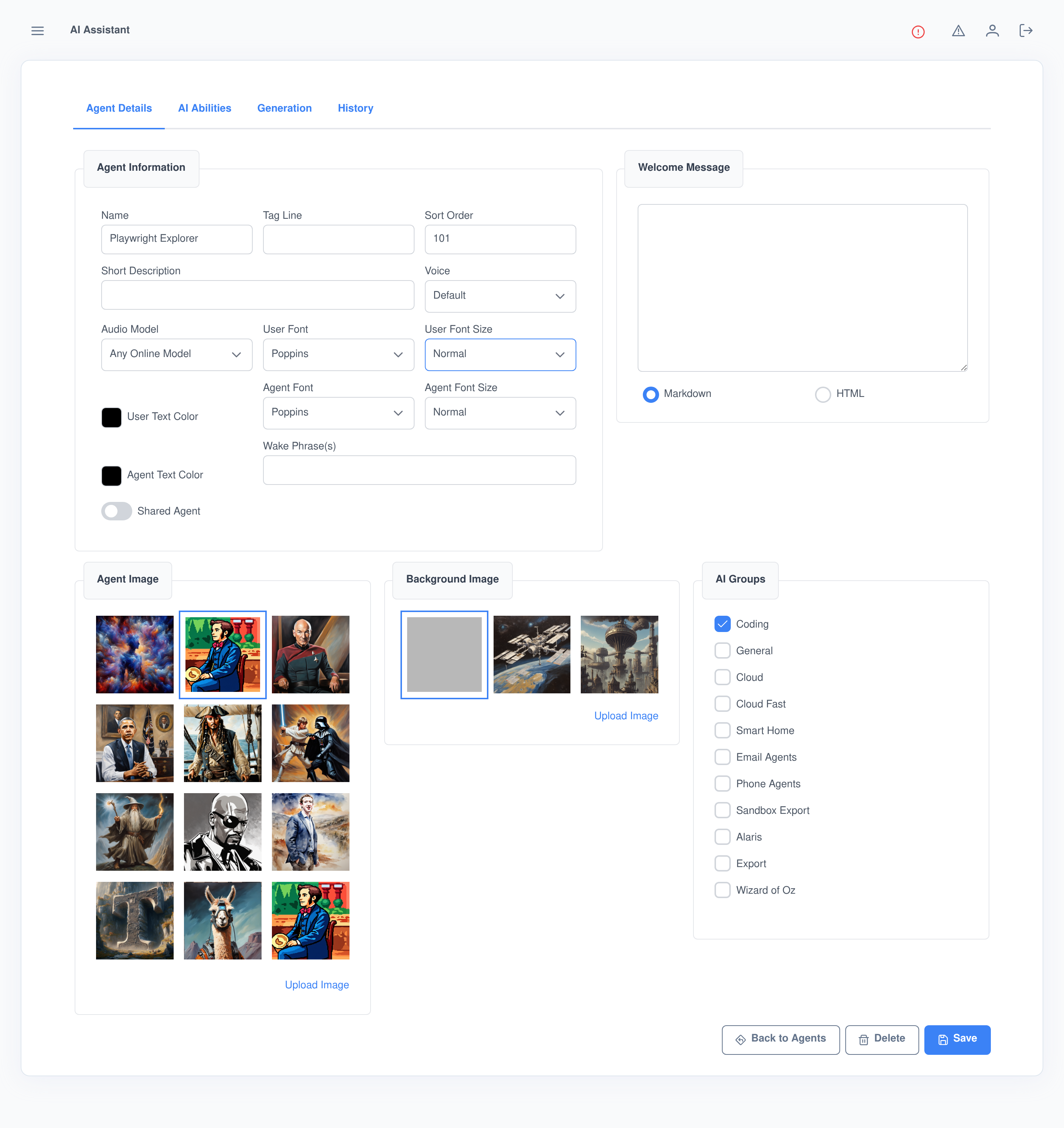 The Agent Editor's Details tab: identity, welcome message, image galleries and display groups for one agent