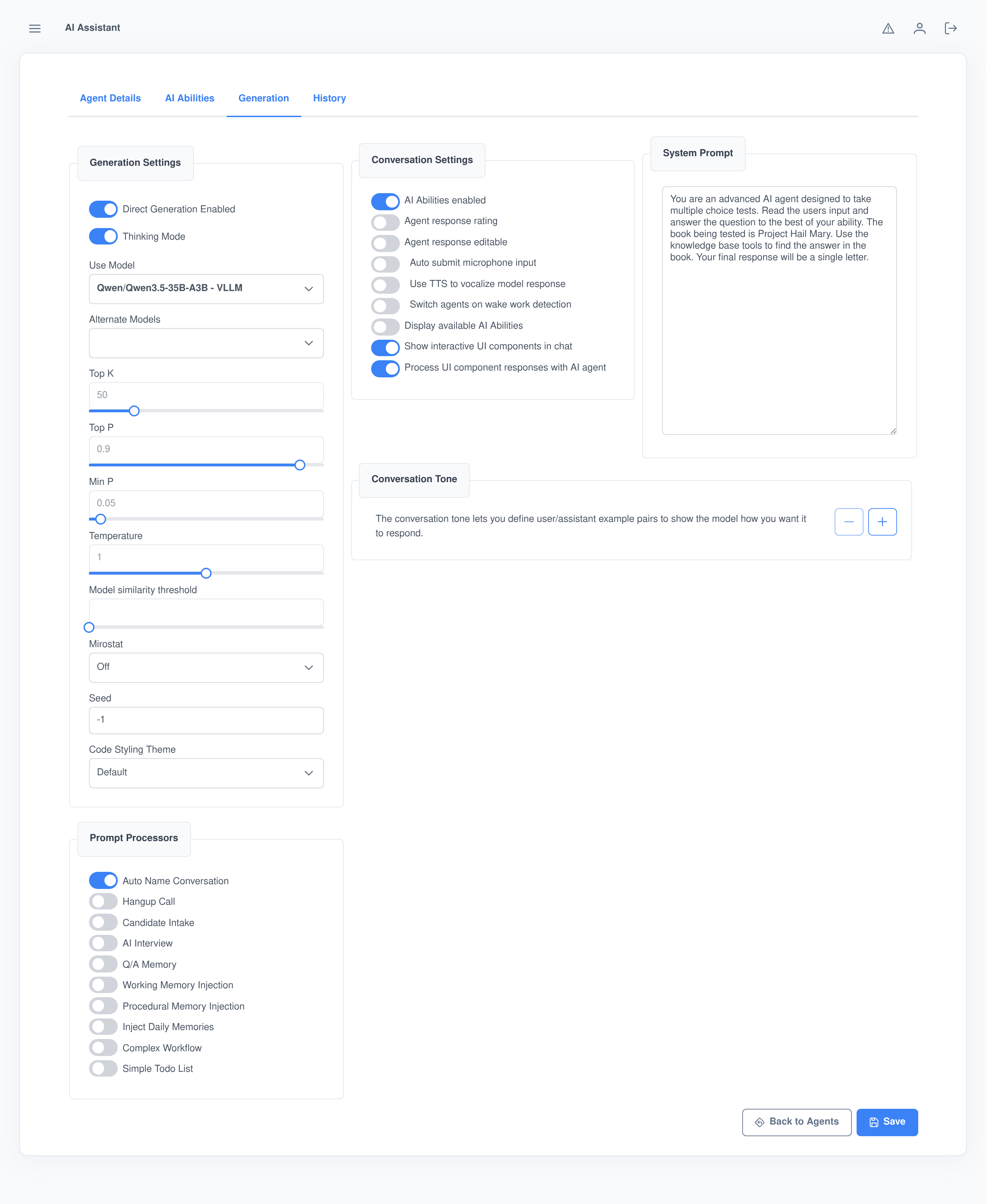 The Generation tab: model and sampling controls, System Prompt, Conversation Tone, Prompt Processors and Conversation Settings toggles