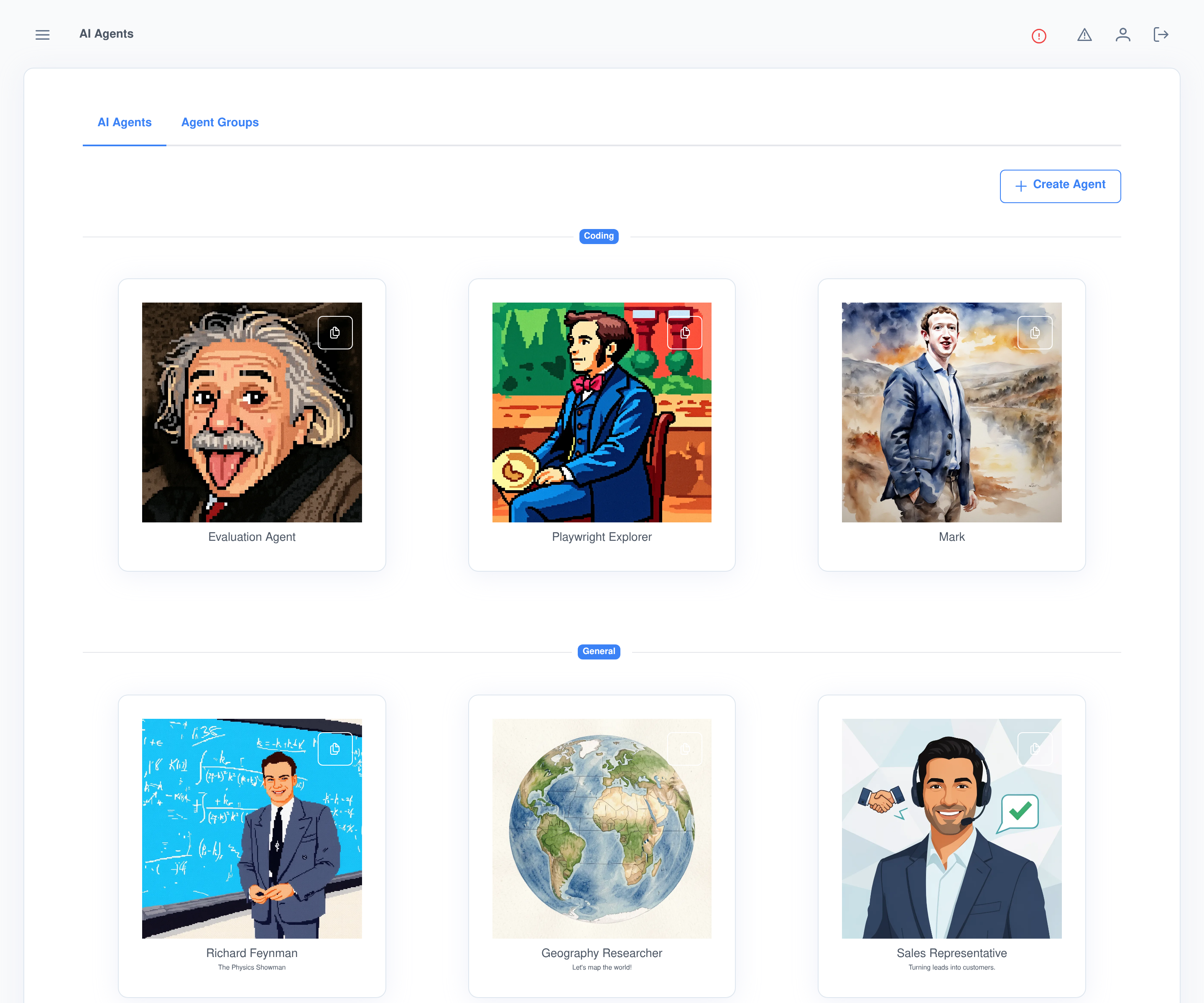 The agent list, grouped by display category, with a Create Agent button
