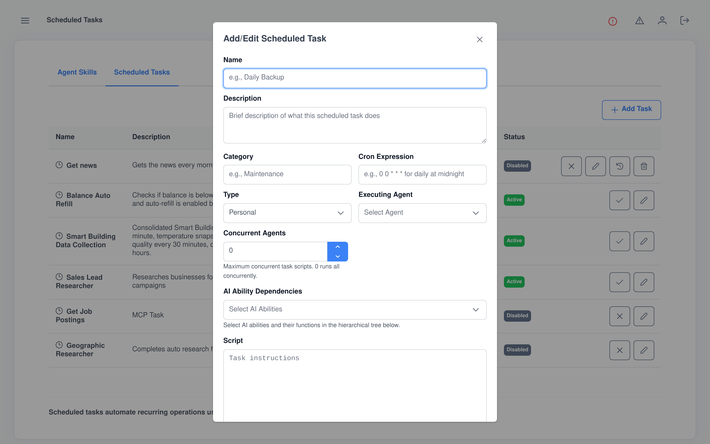 The Add/Edit Scheduled Task dialog: cron expression, executing agent, concurrency cap and ability dependencies