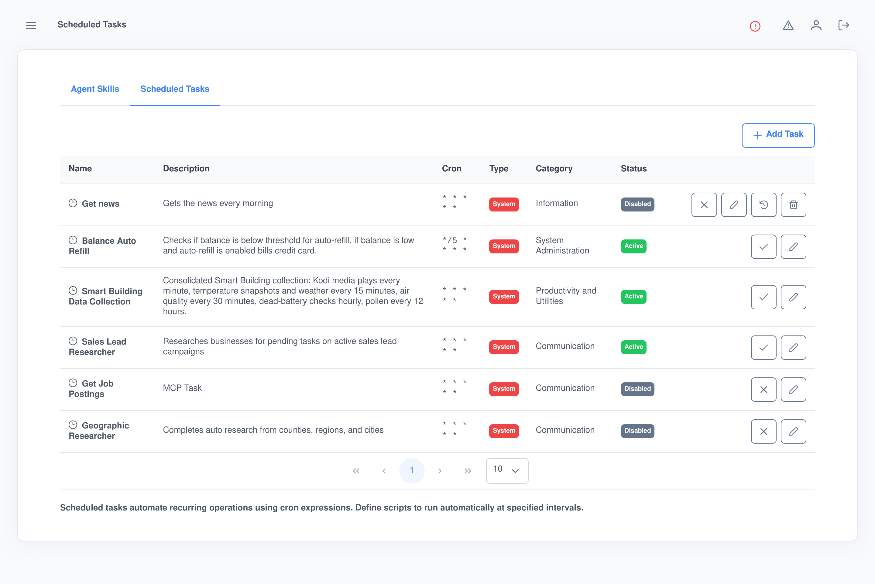 Scheduled Tasks: real System tasks including a daily news fetch, a balance auto-refill and a smart-building data collector