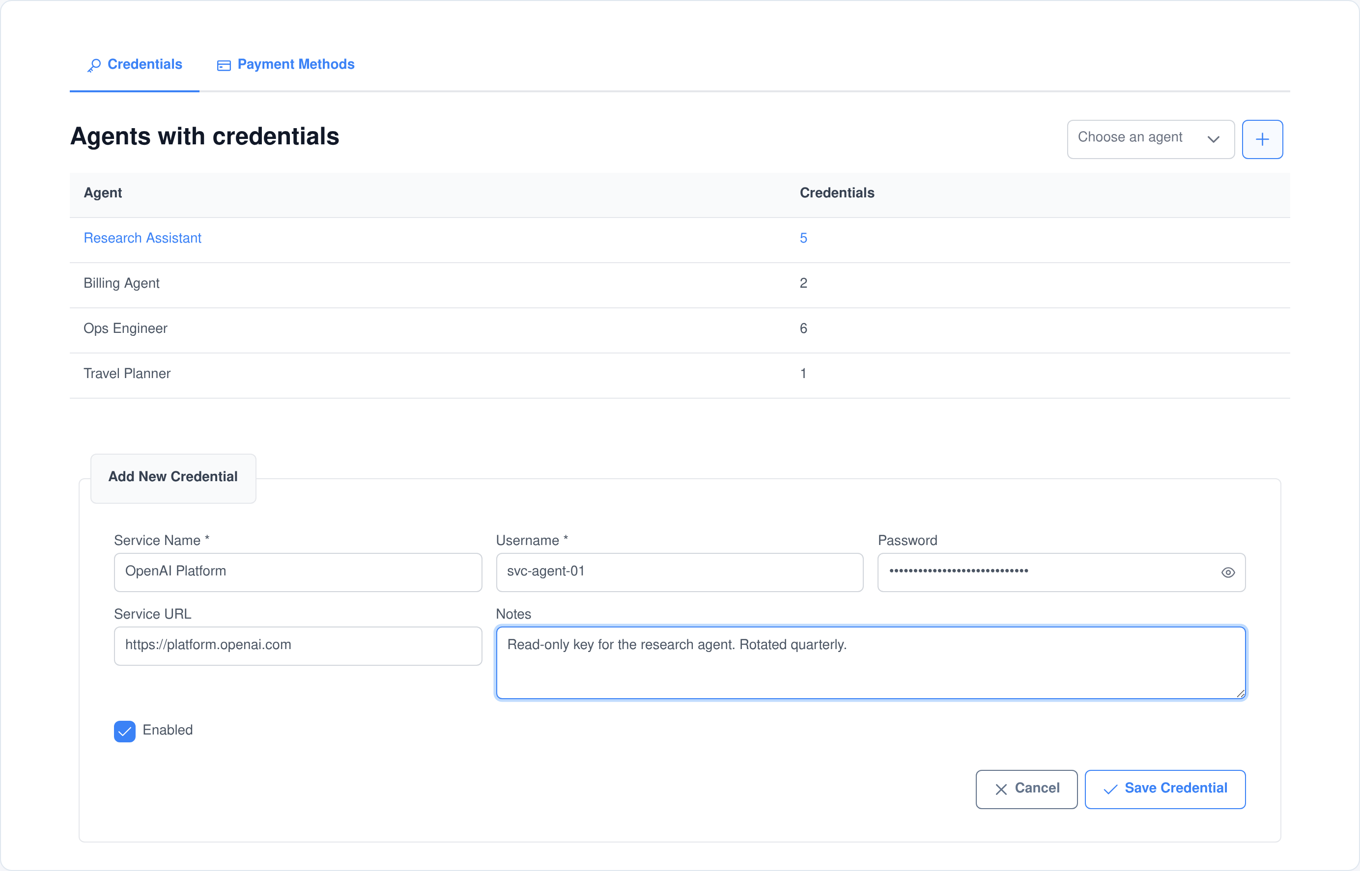 The add credential form with service name, username, masked password, service URL, notes and an enabled checkbox
