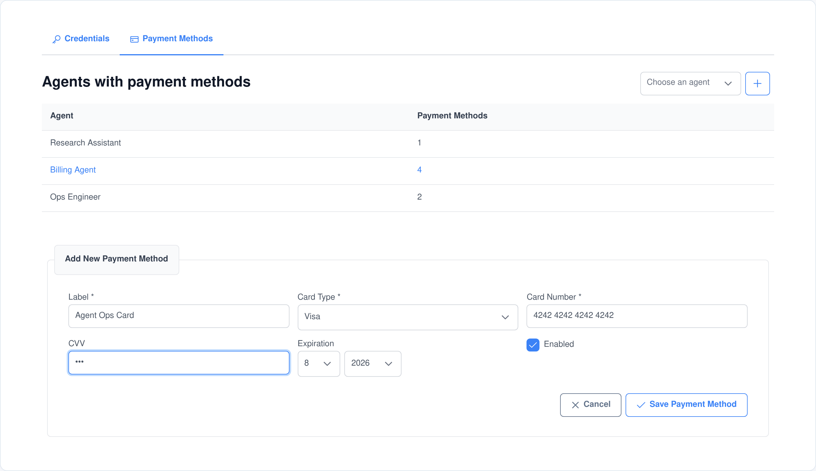 The add payment method form with label, card type, card number, masked CVV and expiry month and year