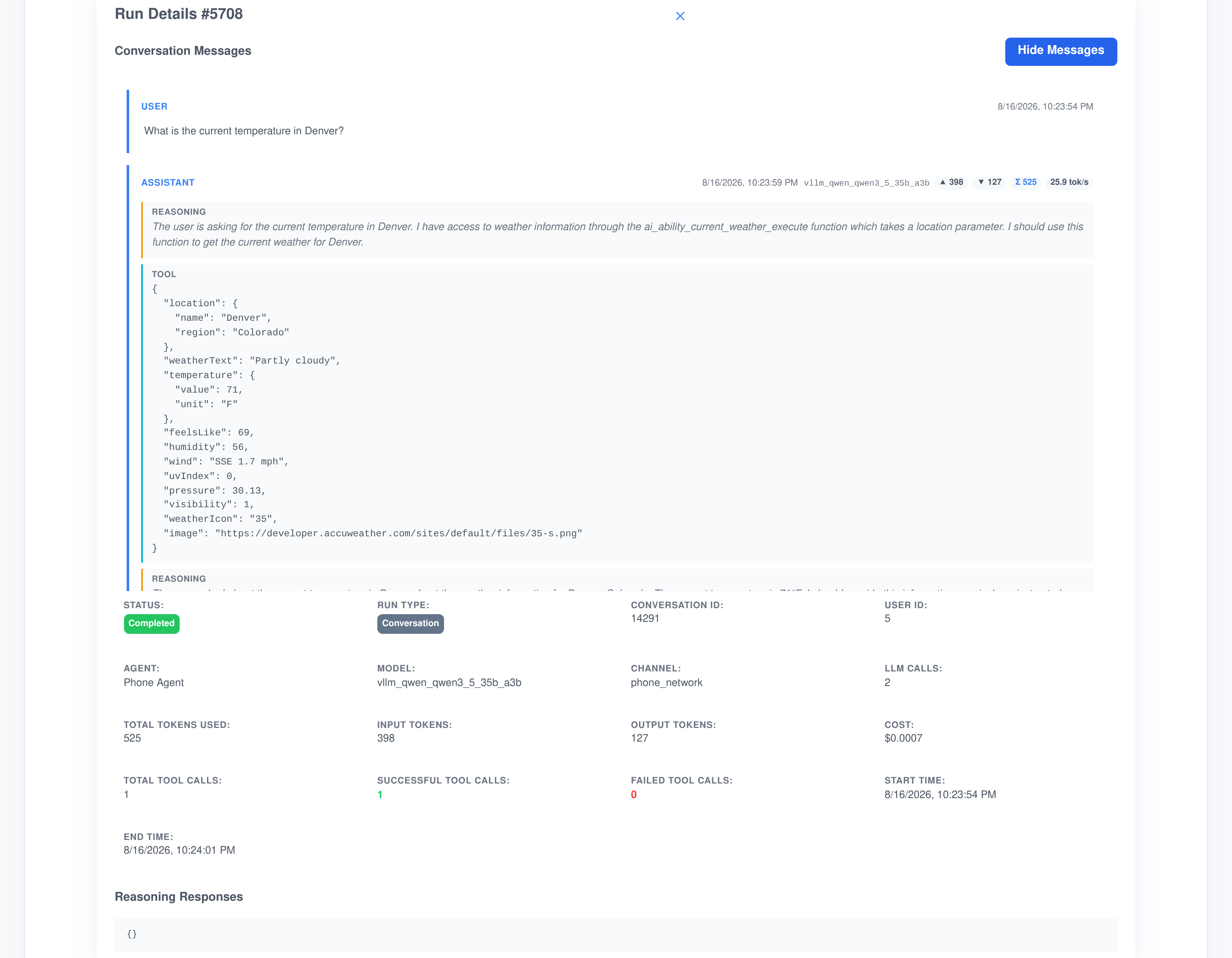 An expanded Agent Dashboard run showing the user question, the model's reasoning, the JSON returned by the weather tool it called, and a grid of run details: status, run type, conversation and user id, agent, model, channel, LLM calls, token counts, cost, tool call counts and start and end times