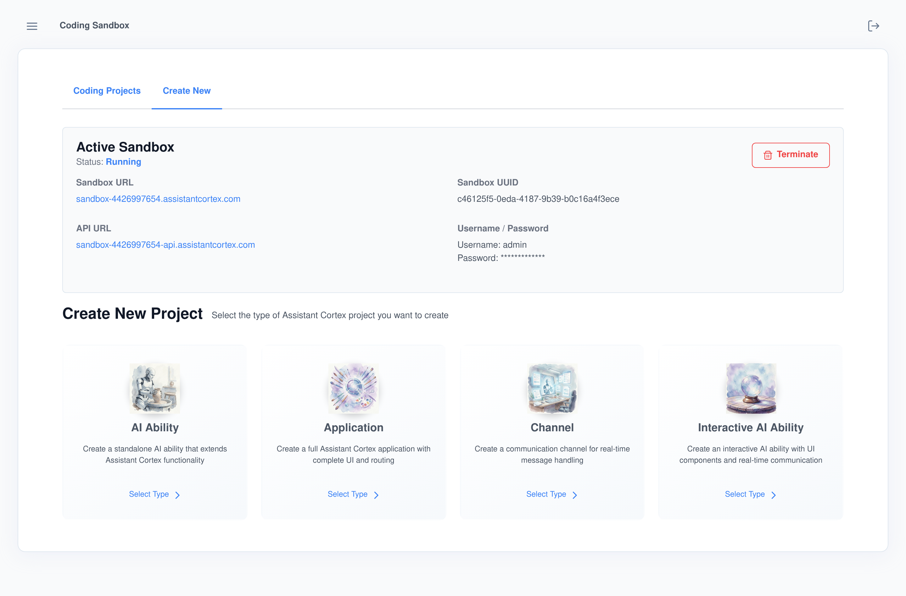Create New Project screen with four project type cards: AI Ability, Application, Channel and Interactive AI Ability