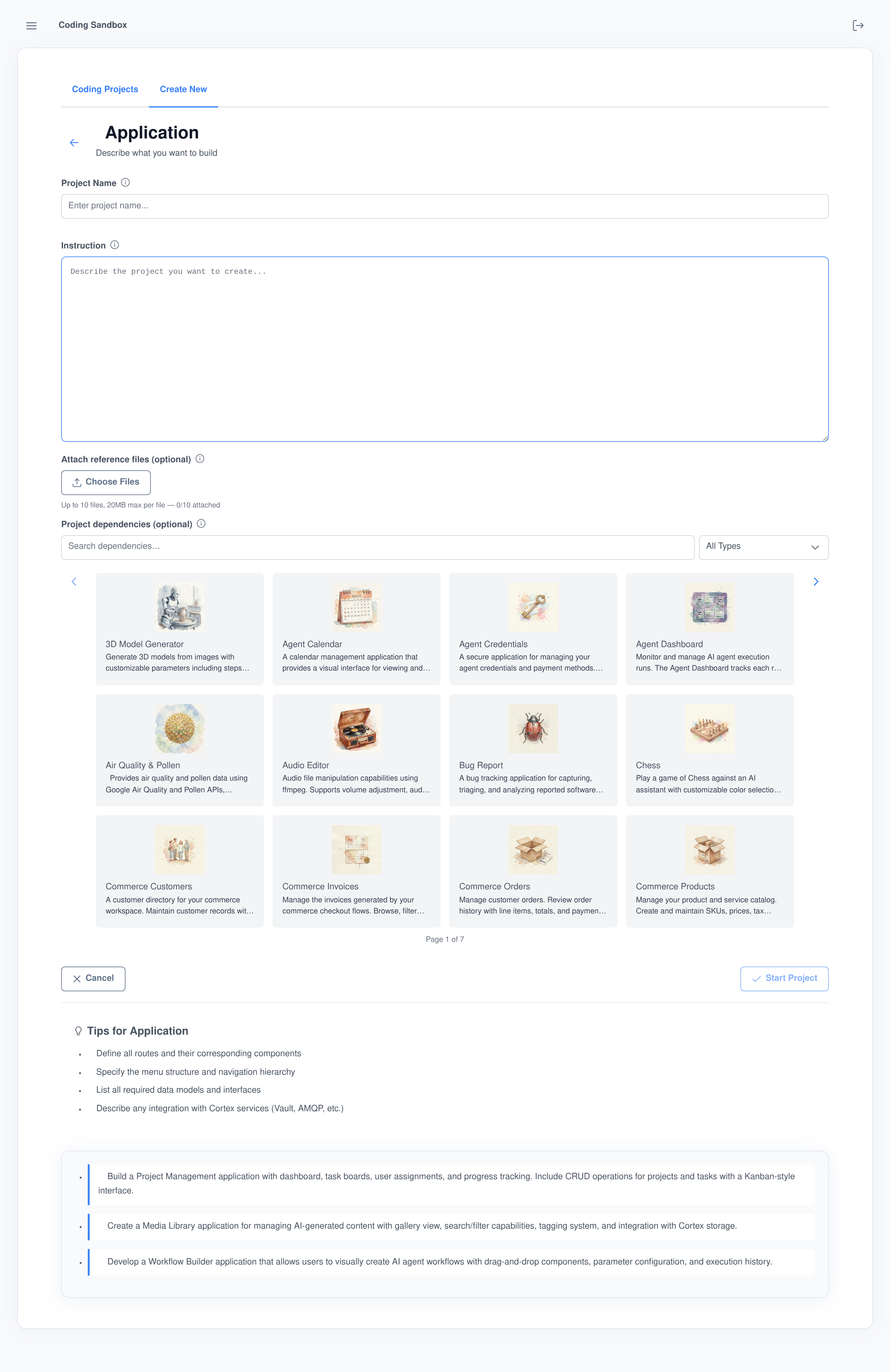Application project form with name, instruction, reference file upload and a searchable marketplace dependency picker