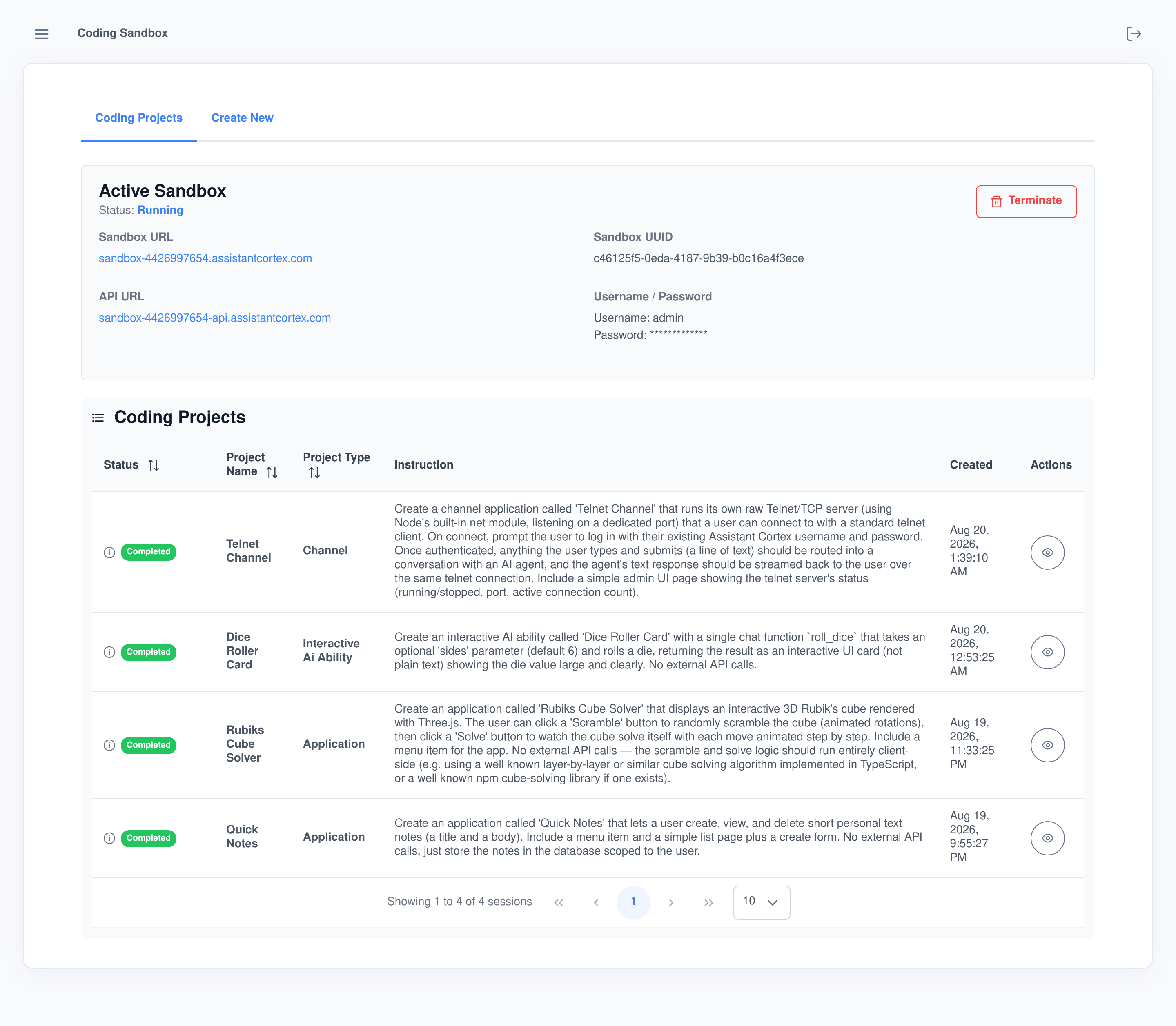 The Coding Sandbox dashboard with four completed projects