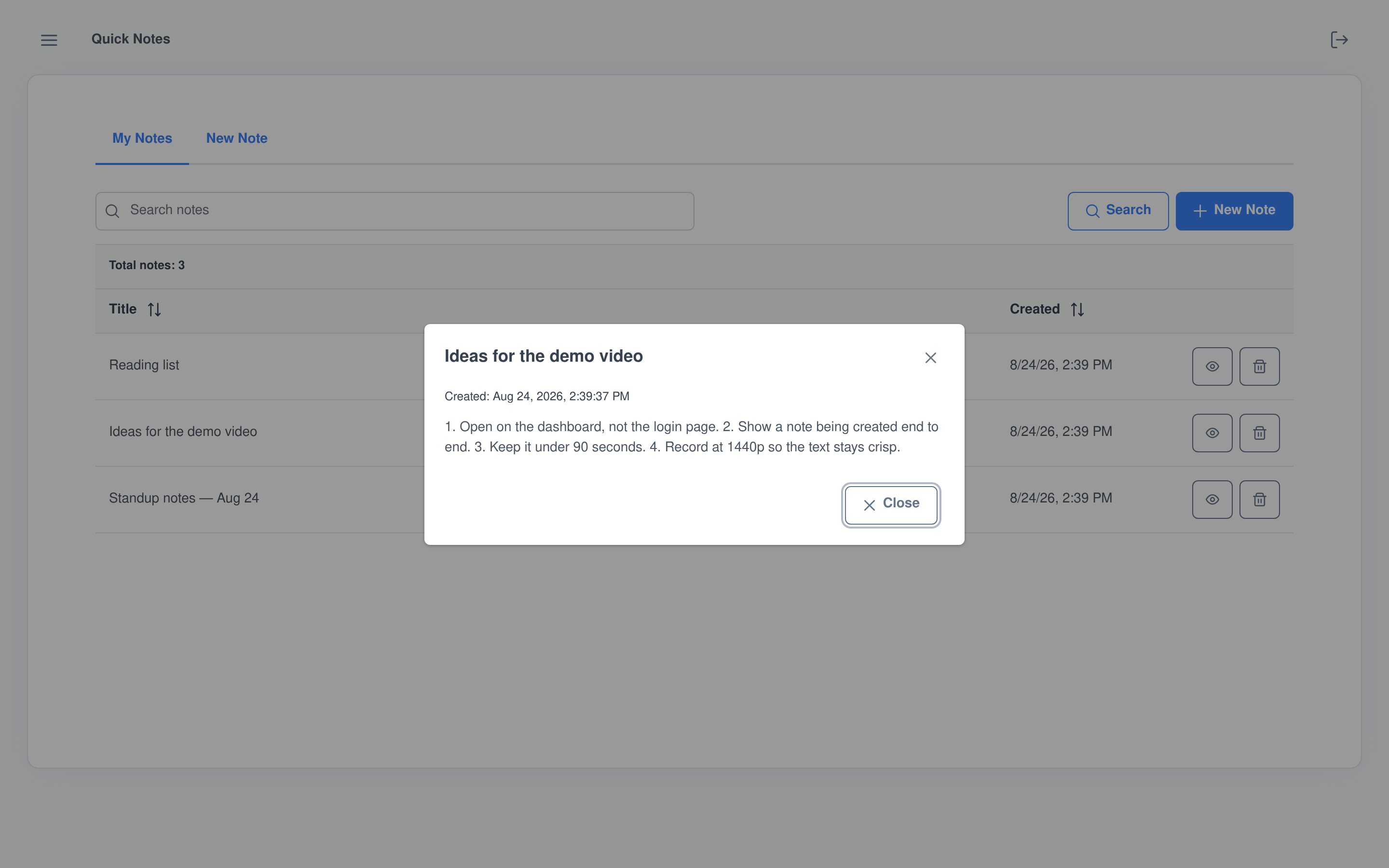 Quick Notes application built by the coding agent, showing a searchable notes list and an open note detail dialog