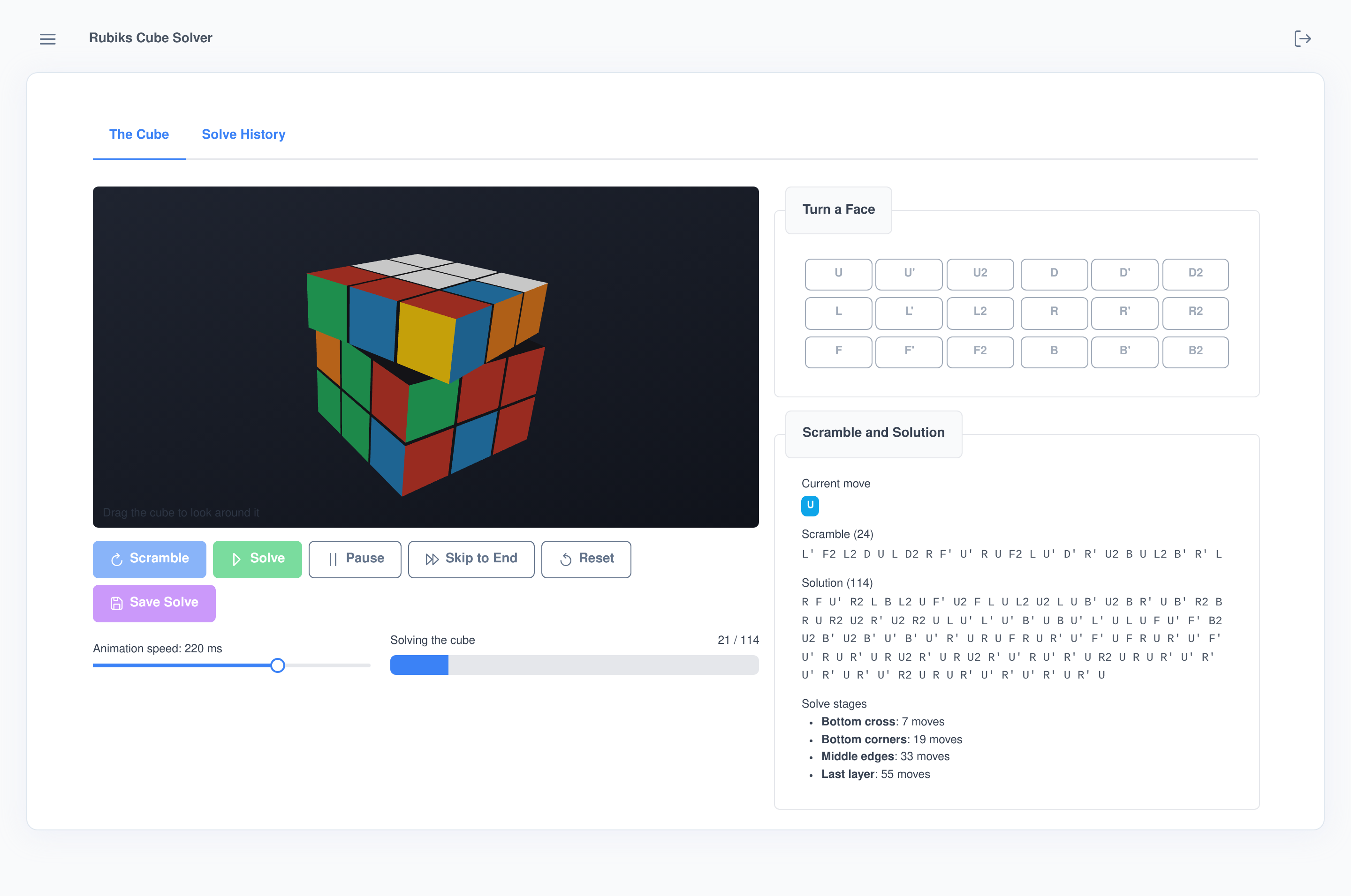 A 3D Rubik's Cube Solver application built by the platform's coding agent