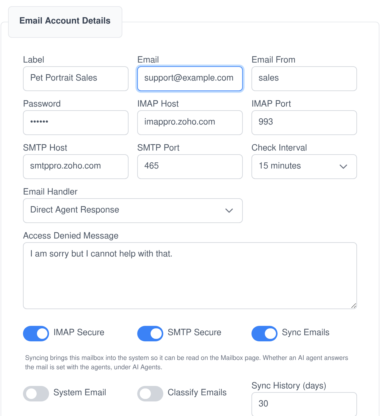 The Assistant Cortex email account editor showing label, address, IMAP and SMTP host and port, check interval, the email handler, the message sent to senders who are not allowed, and switches for IMAP secure, SMTP secure, sync emails, system email and classify emails with a sync history in days