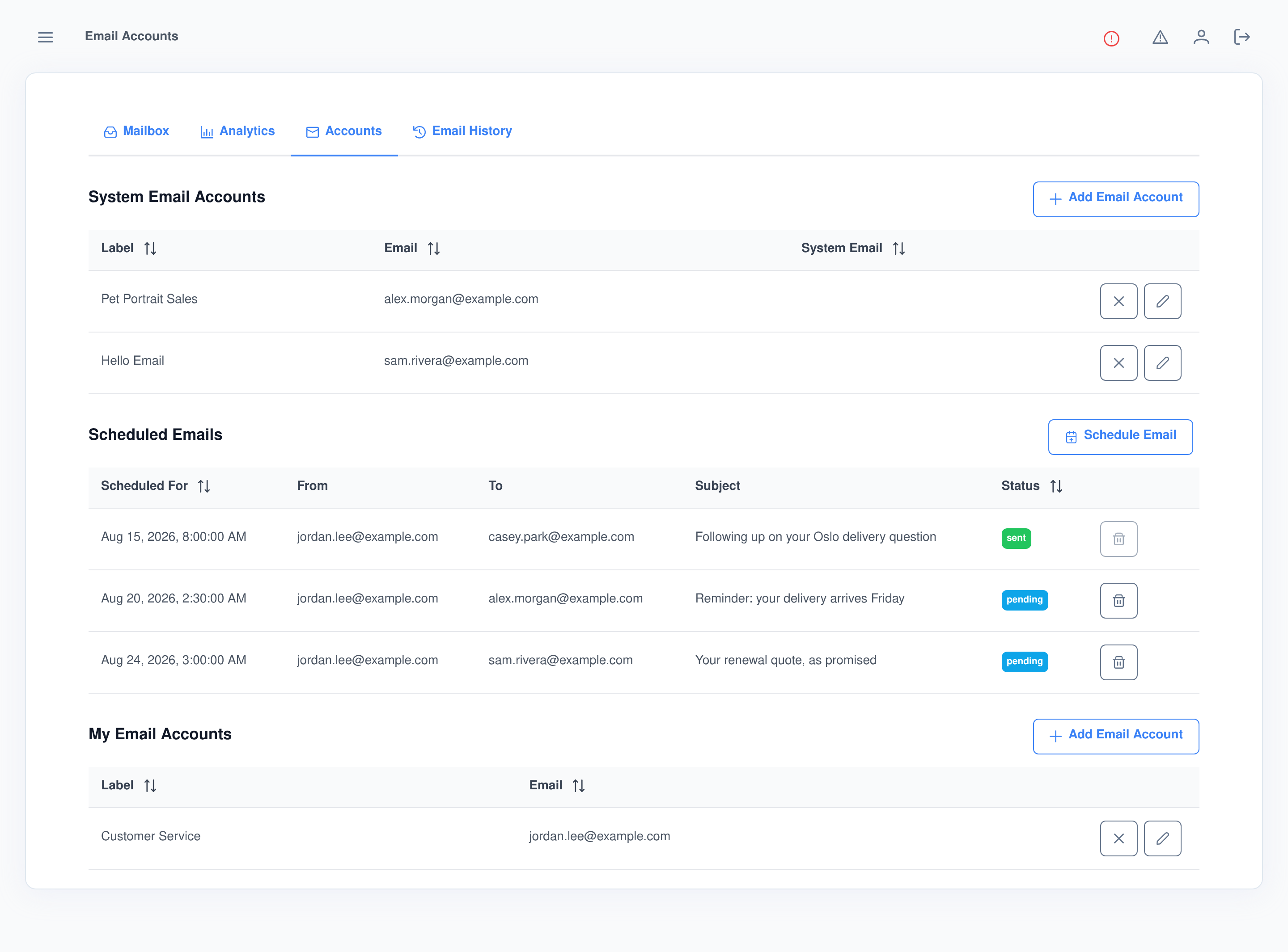 The Assistant Cortex accounts screen listing shared system email accounts, a table of scheduled emails with their send time, sender, recipient, subject and sent or pending status, and the user's own personal email accounts