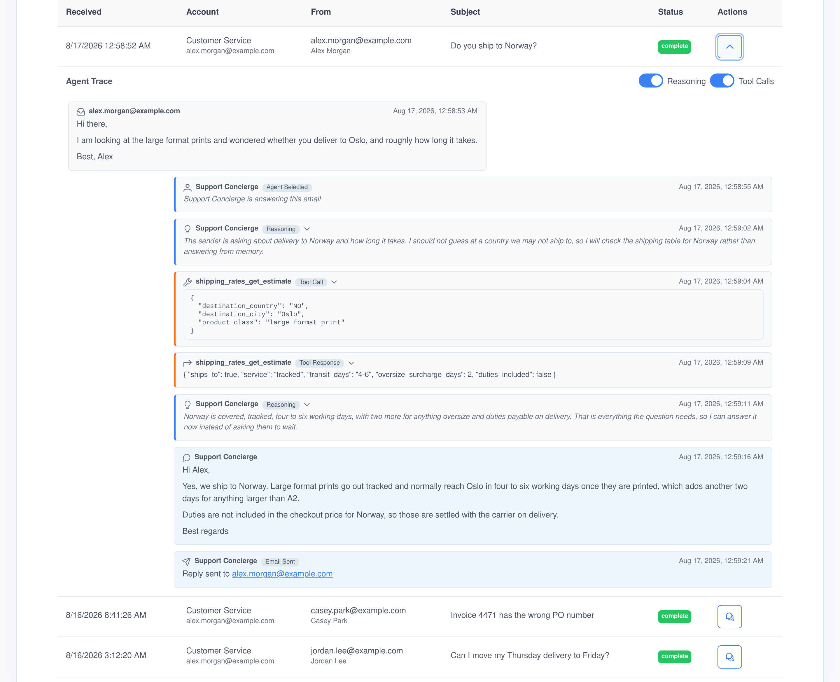 An expanded agent trace in the Assistant Cortex email history: the incoming email, the agent that was selected, two reasoning blocks, a tool call with its JSON parameters, the tool response, the reply the agent wrote and confirmation that it was sent