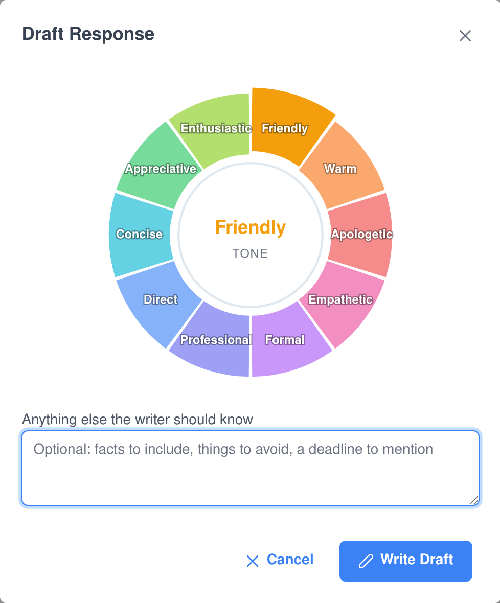The Draft Response dialog in Assistant Cortex: a colour wheel of ten tones with Friendly selected, and a field for anything else the writer should know such as facts to include or a deadline to mention
