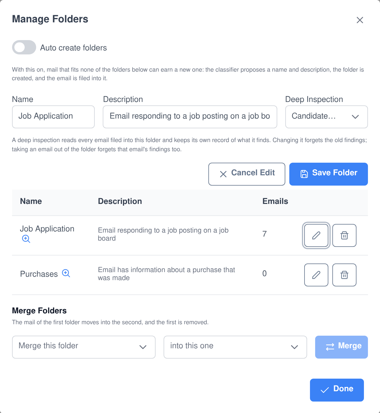 The Manage Folders dialog in Assistant Cortex, with an auto-create-folders switch, a folder being edited with its name, the plain-English description the classifier reads and a deep inspection selection, a table of folders with their descriptions and message counts, and a merge-folders control