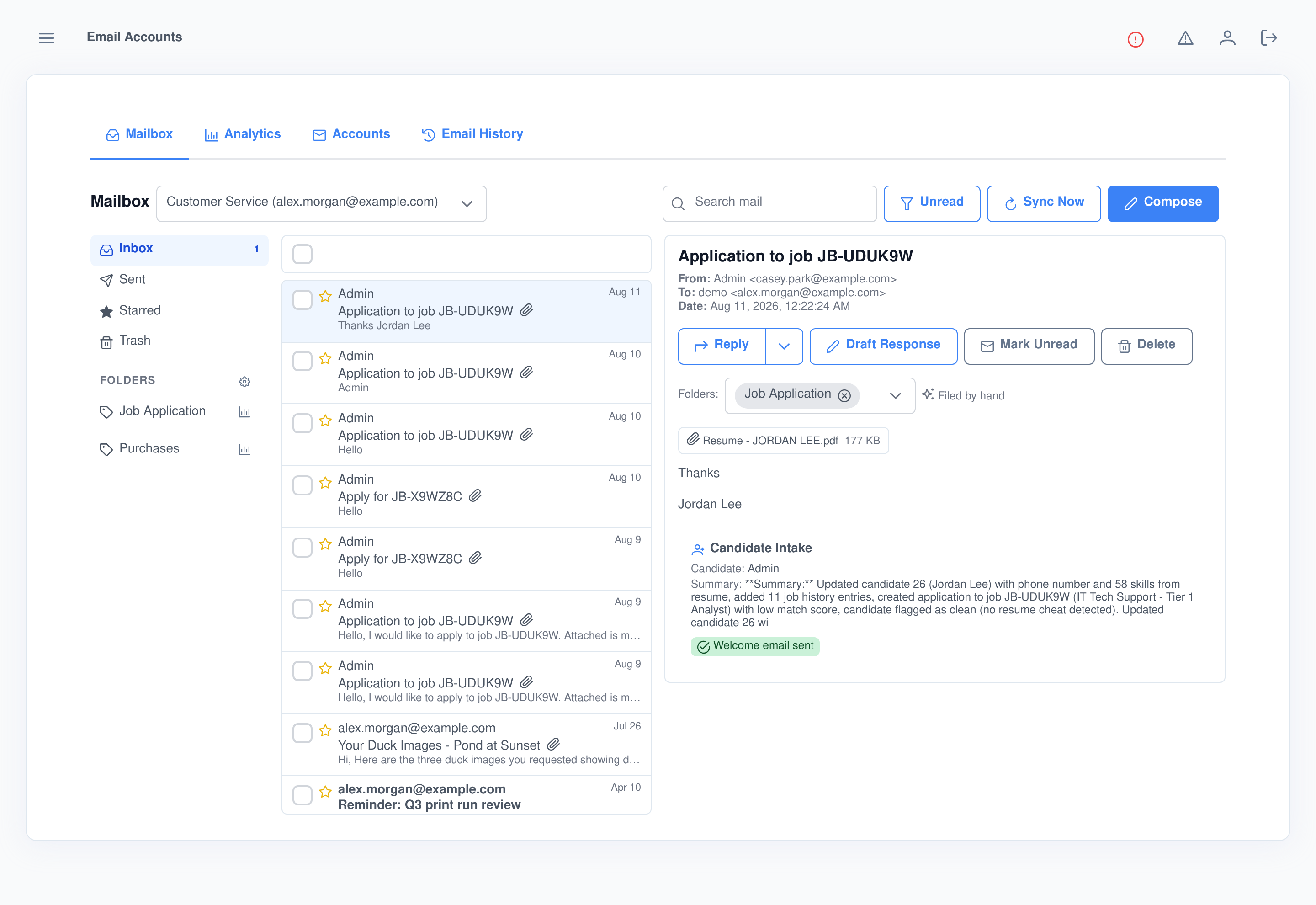 The Assistant Cortex mailbox showing the server folders and classifier folders on the left, a message list in the middle, and an open email on the right with its reply actions, the folders it is filed under, its attachment and the findings of a deep inspection