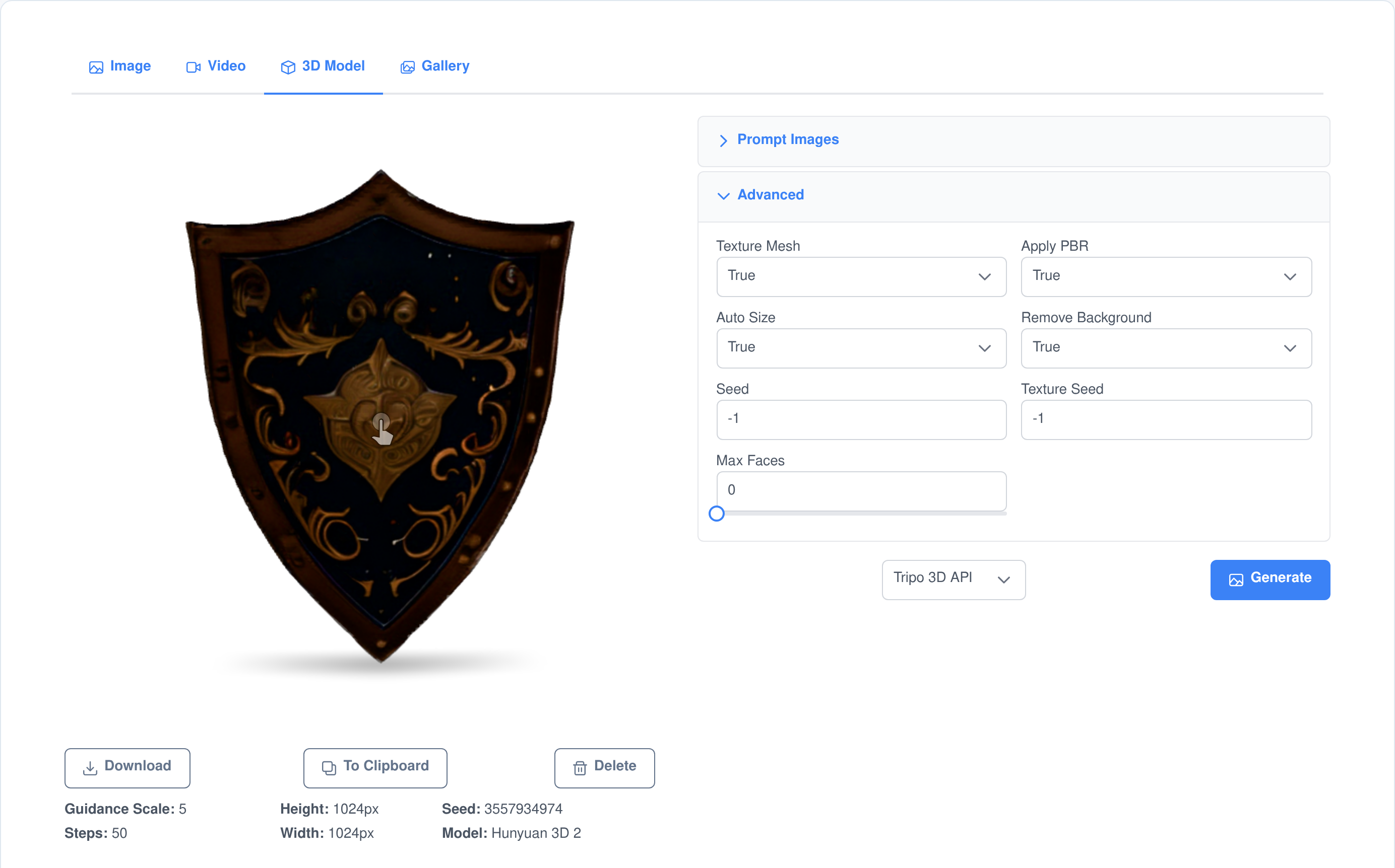 The Visual Workshop 3D model tab: a generated ornate shield mesh rendered in a browser 3D viewer, with an advanced panel offering texture mesh, apply PBR, auto size, remove background, seed, texture seed and max faces, plus a model dropdown and generate button