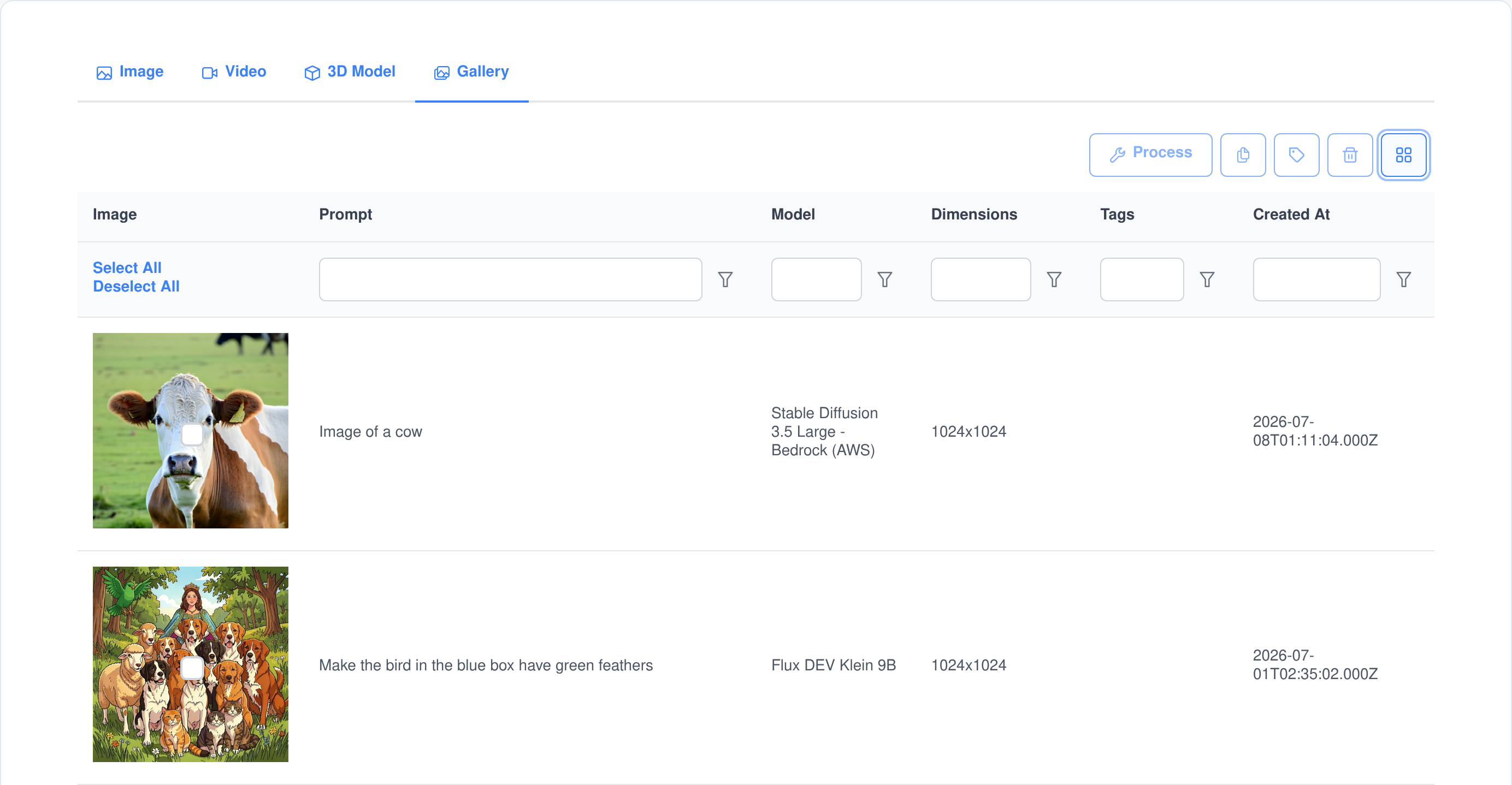 The Visual Workshop gallery in list view: a table of generated media with thumbnail, prompt, model, dimensions, tags and created date, each column with its own filter box, and select all and deselect all links