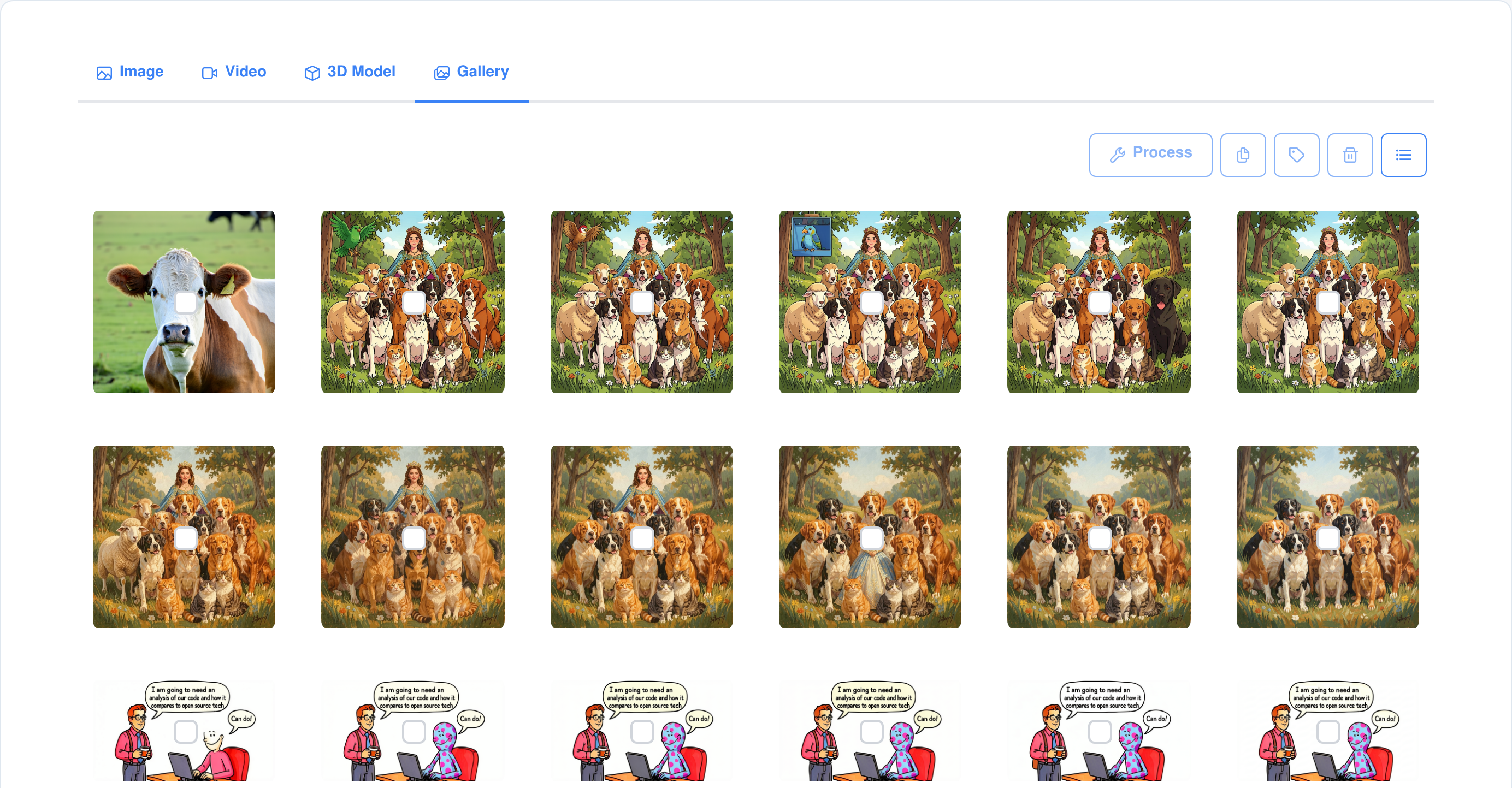 The Visual Workshop gallery in grid view showing rows of generated images with selection checkboxes, and a toolbar with process, copy, tag, delete and layout buttons