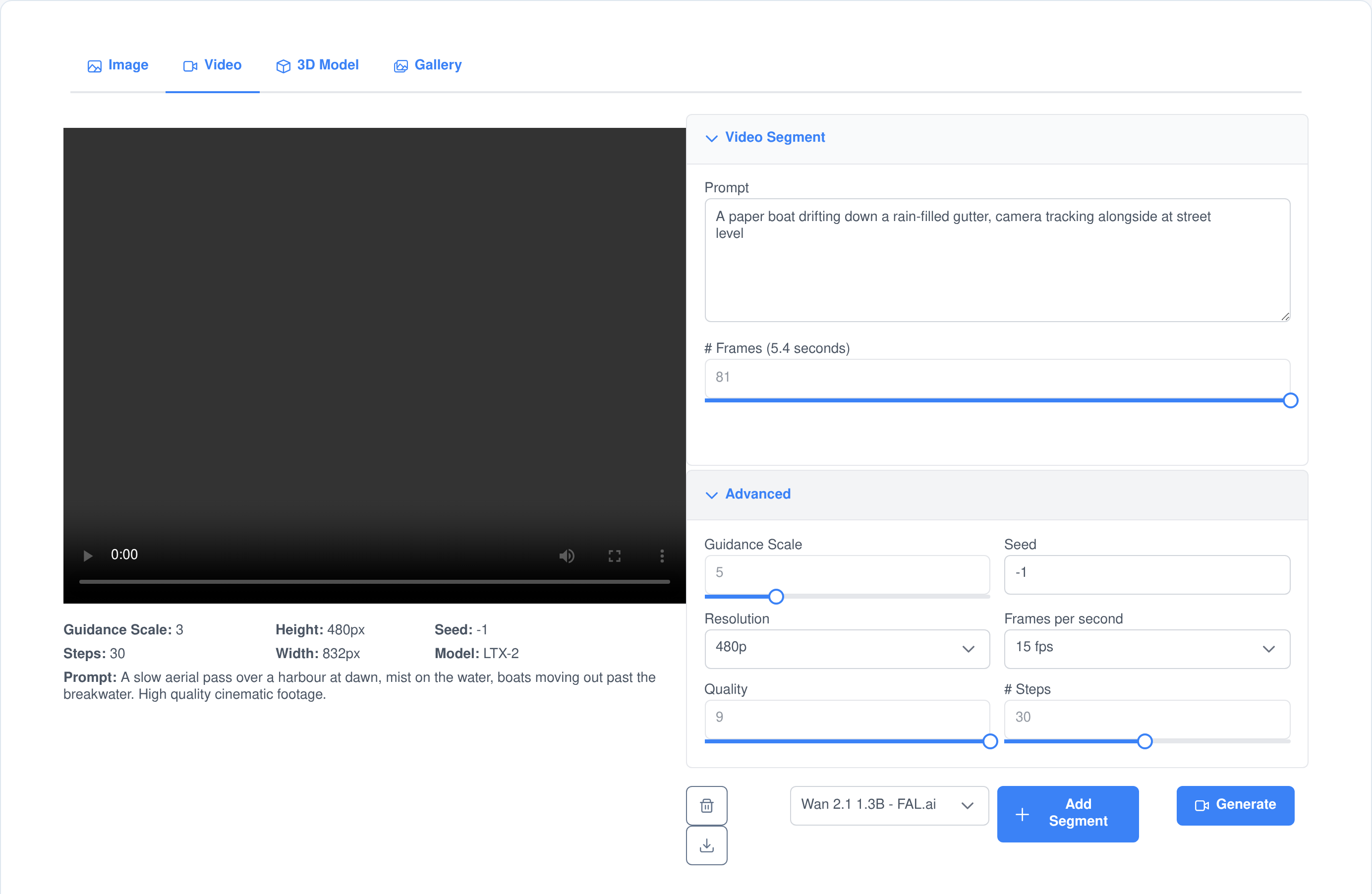 The Visual Workshop video tab in Assistant Cortex: a video player and its stored settings on the left, and on the right a video segment with its own prompt and a frame slider showing the length in seconds, an advanced panel with guidance scale, seed, resolution, frames per second, quality and steps, and add segment and generate buttons