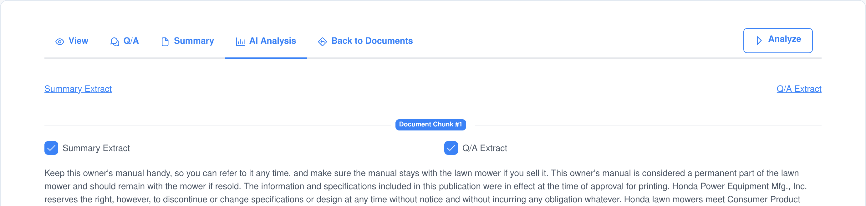 The AI Analysis screen, showing the extractions available for this document type with a checkbox per passage and an Analyze button
