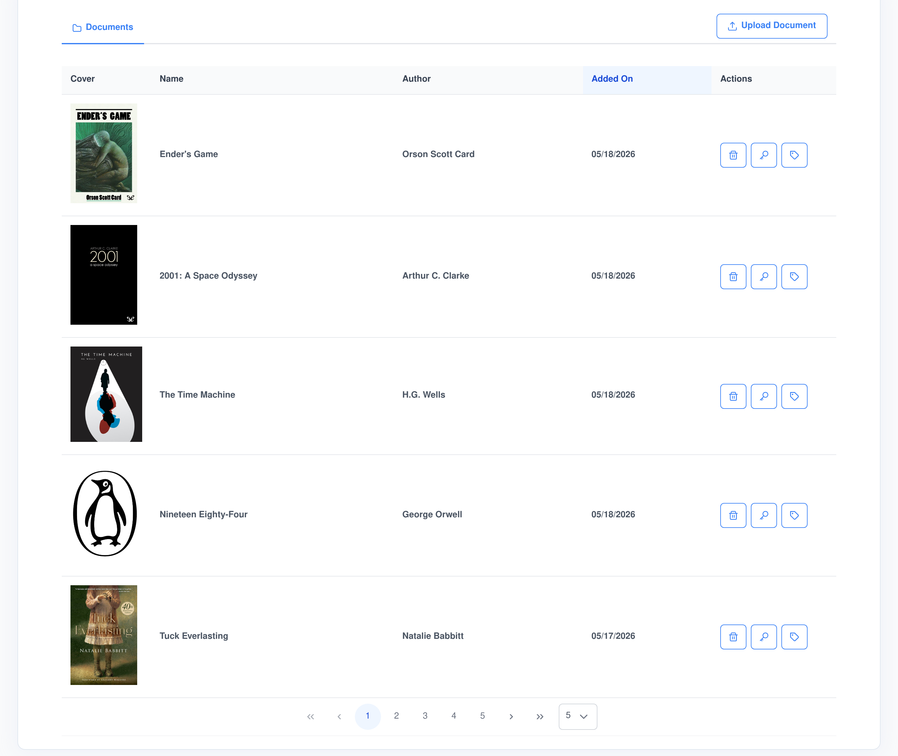 The Documents screen, listing uploaded documents with their cover art, title, author and date added, and per-row actions to delete, share and change the document type