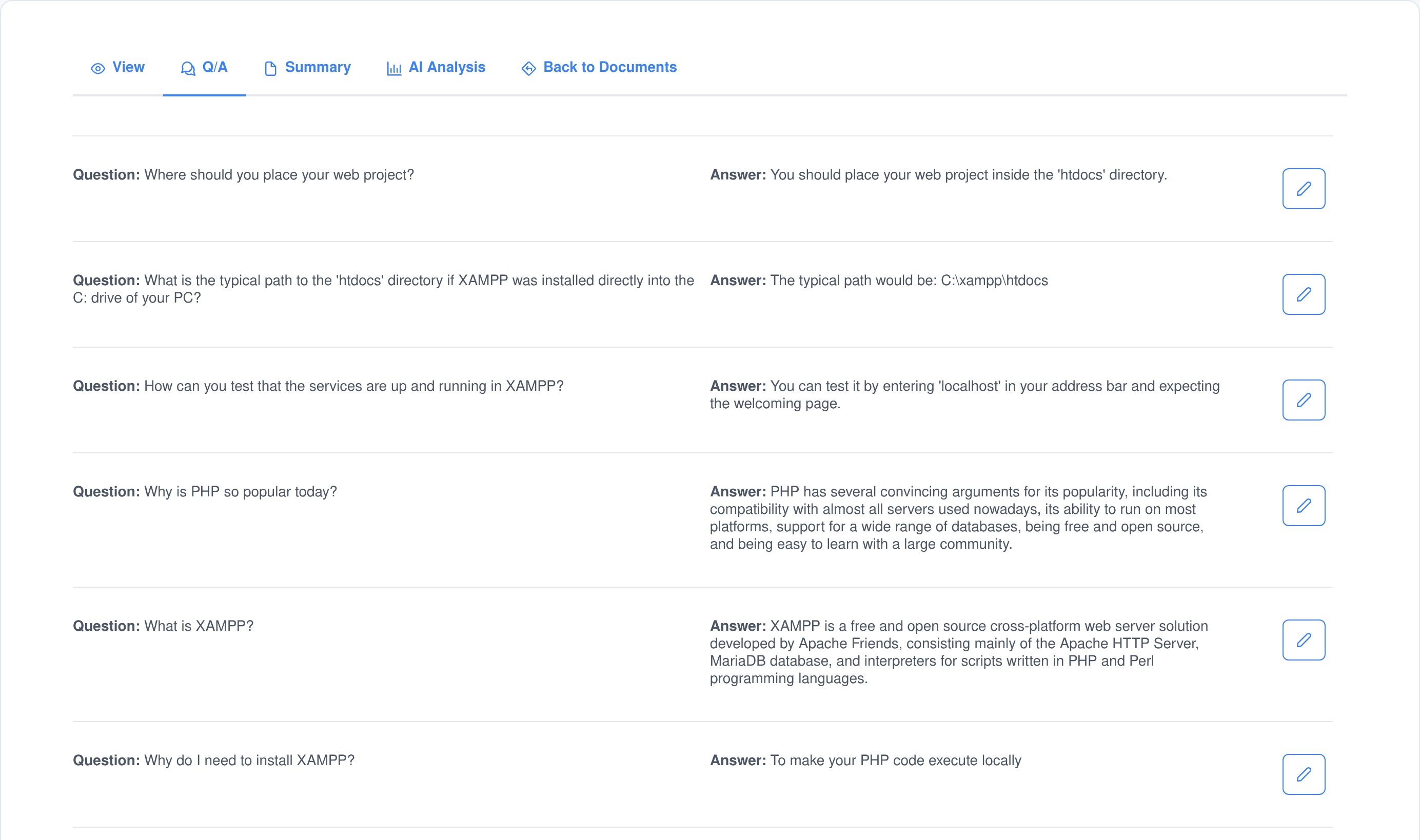 The Q/A screen, listing question and answer pairs extracted from a technical document, each with an edit button