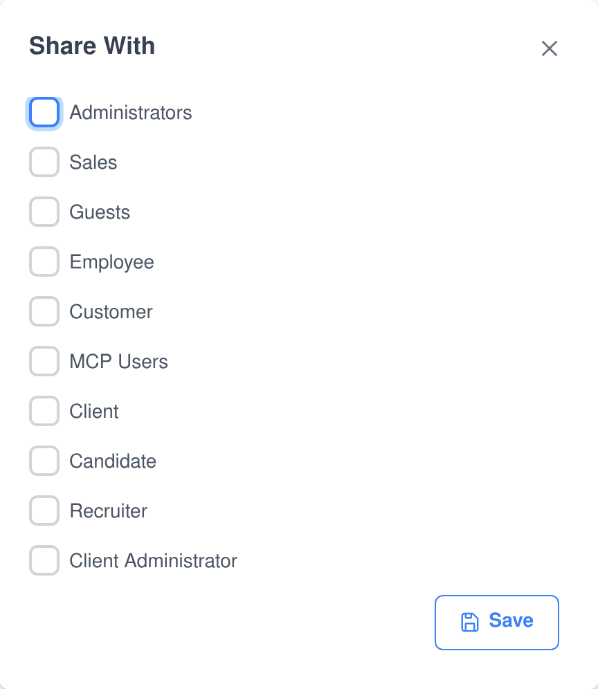 The Share With dialog, a checkbox list of user groups such as Administrators, Sales, Employee, Customer and Client