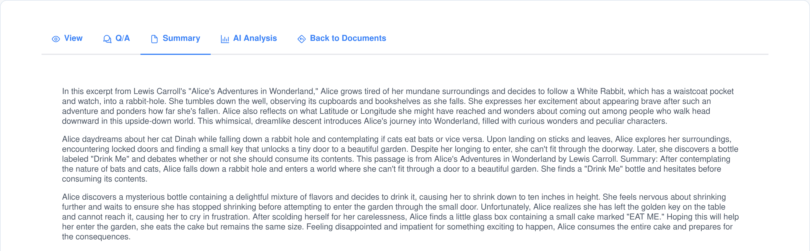 The Summary screen, showing successive AI-written summaries of a document's passages as continuous prose