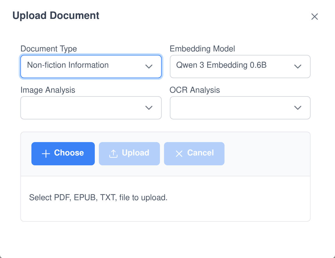 The Upload Document dialog, with dropdowns for document type and embedding model and a drop zone that accepts PDF, EPUB and TXT files