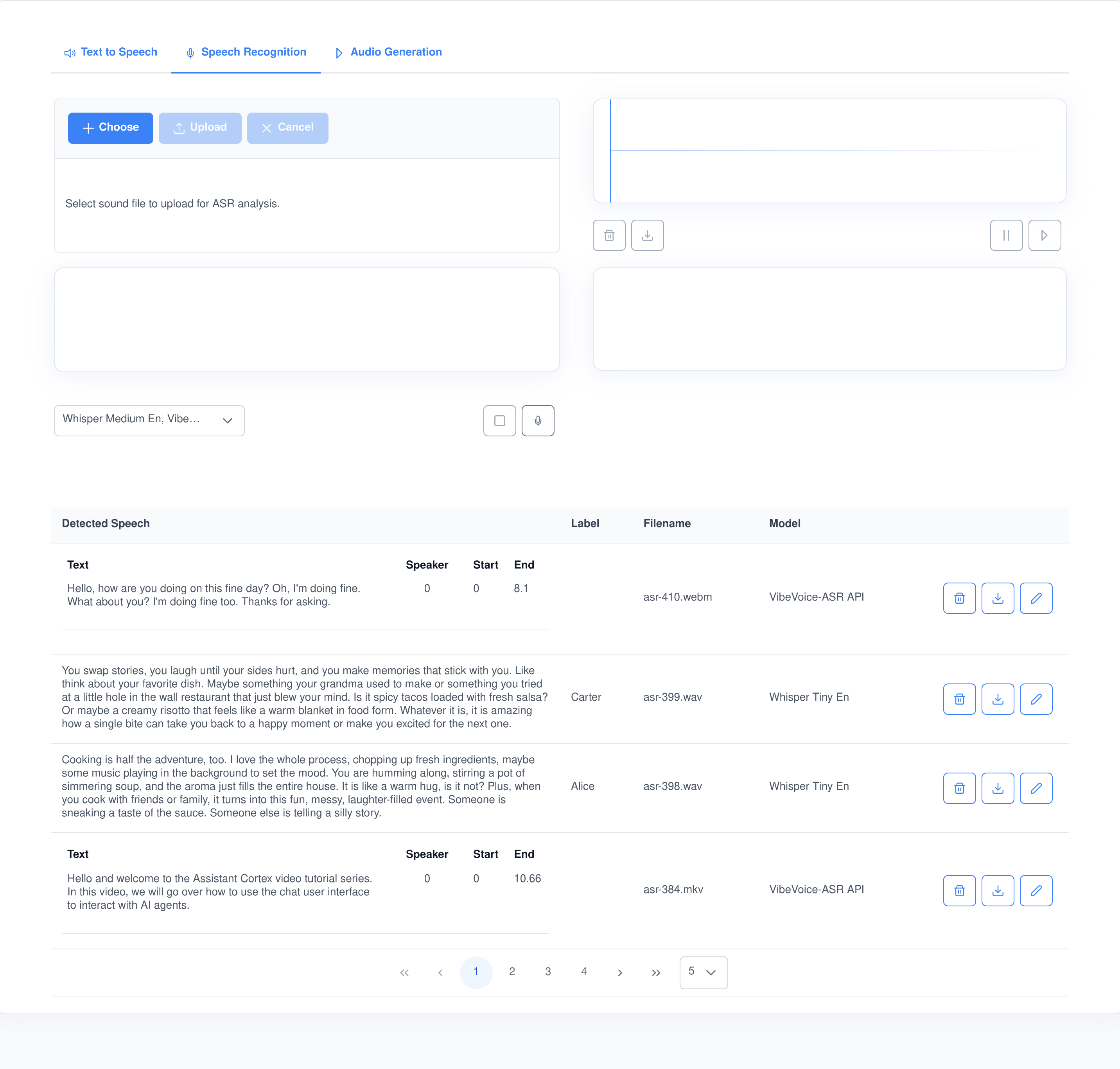 Sound Studio speech recognition screen with a file uploader, a recording waveform, a multi-select of transcription models and a table of transcripts showing text, speaker, start and end times