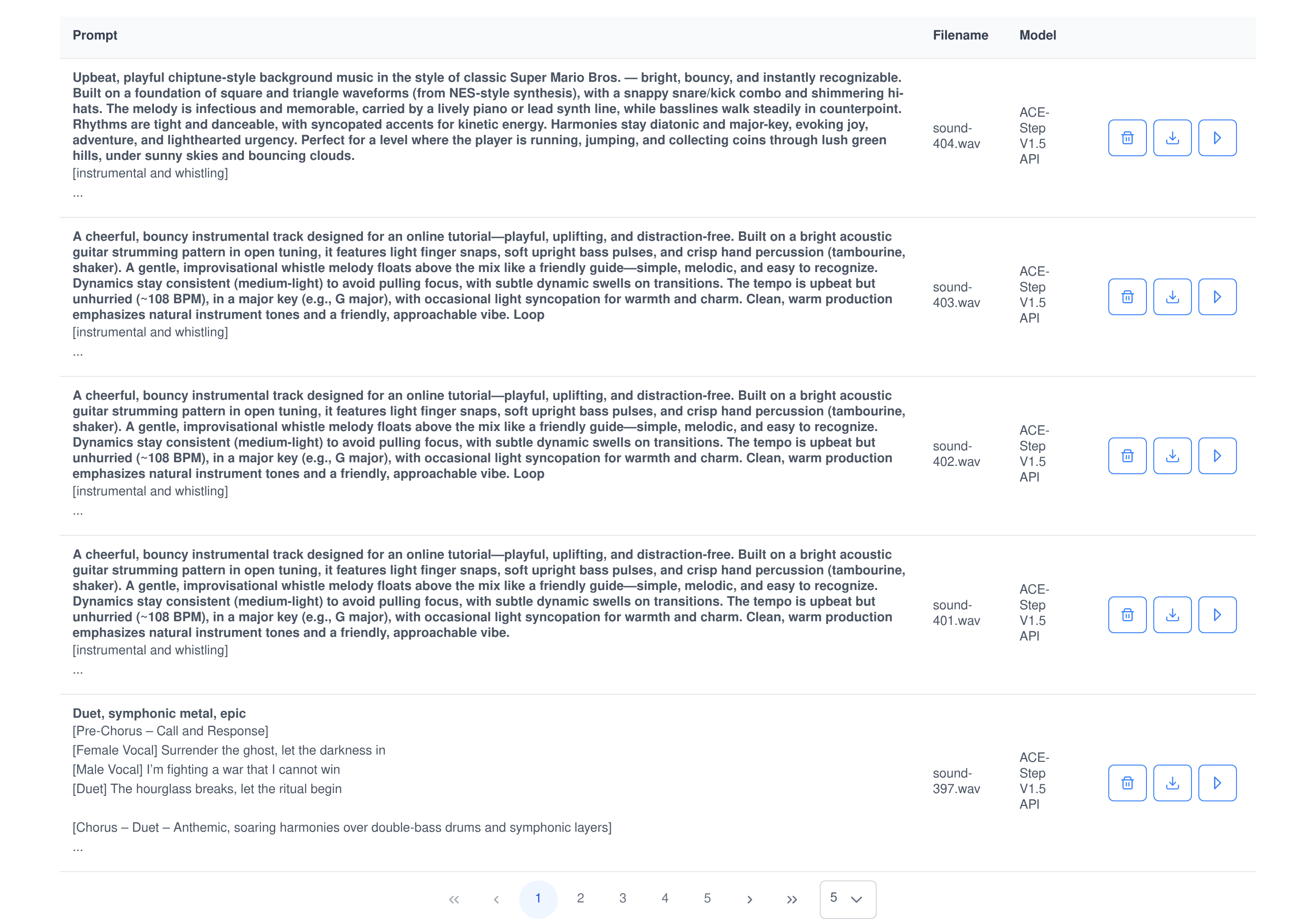 The Sound Studio track library listing generated songs with their full prompts, lyrics, filenames, model names and delete, download and play buttons