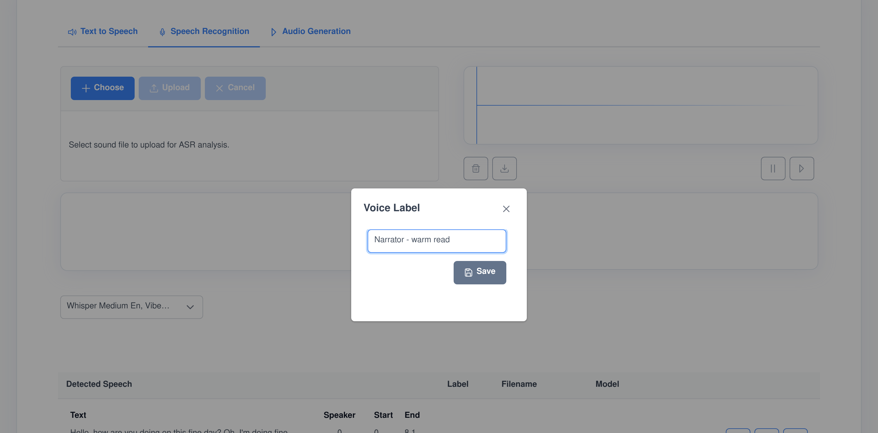 The Voice Label dialog in Sound Studio, naming a recorded clip so it becomes a selectable text-to-speech and AI agent voice