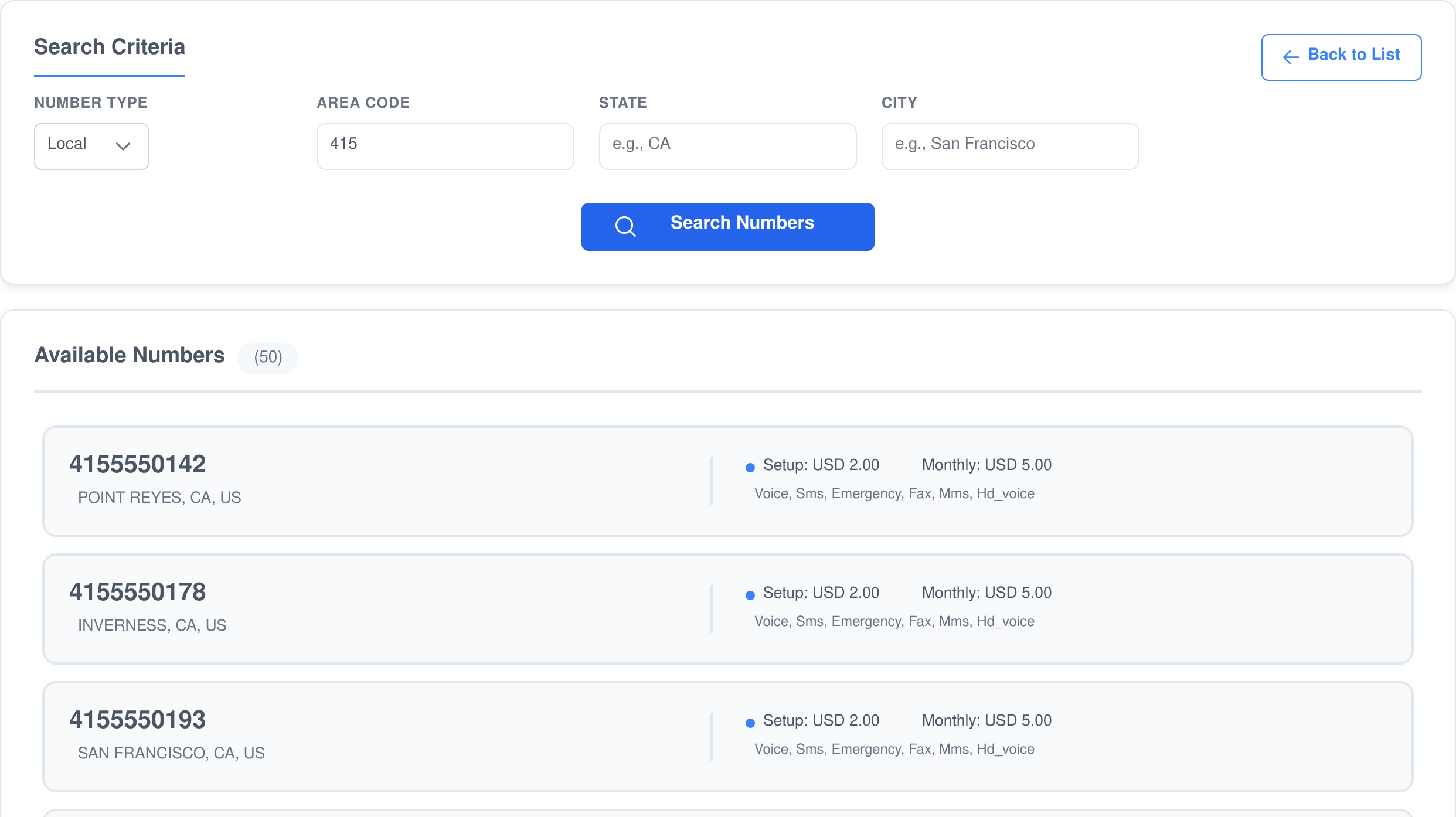 Searching available phone numbers in Assistant Cortex by number type, area code, state and city, with setup cost, monthly cost and voice, SMS, MMS and emergency capabilities listed per number