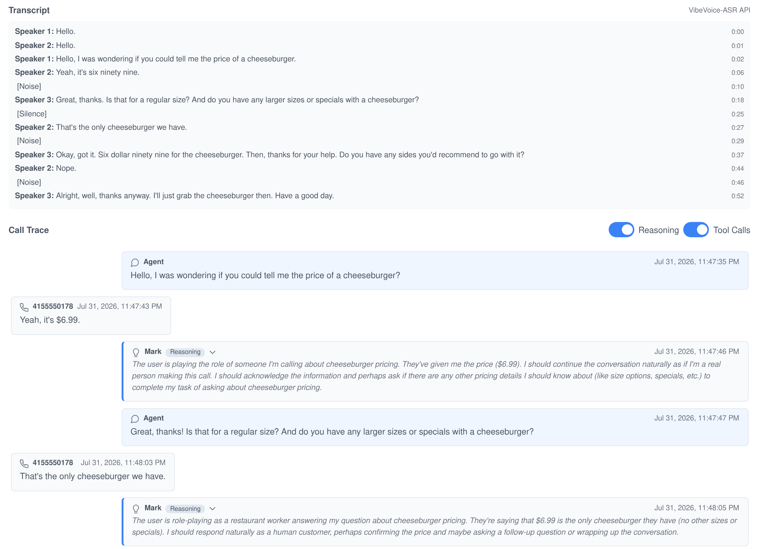 A completed AI phone call in Assistant Cortex showing a timestamped, speaker-separated transcript above a trace of the agent's reasoning and tool calls