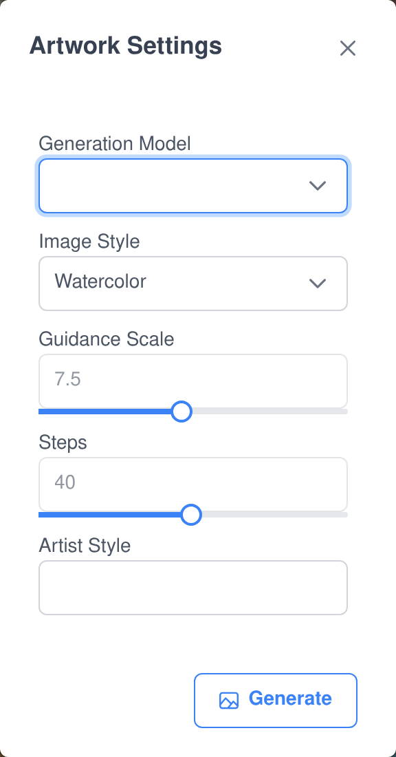 The Artwork Settings dialog, with generation model, image style, guidance scale and steps sliders and a free-text artist style field