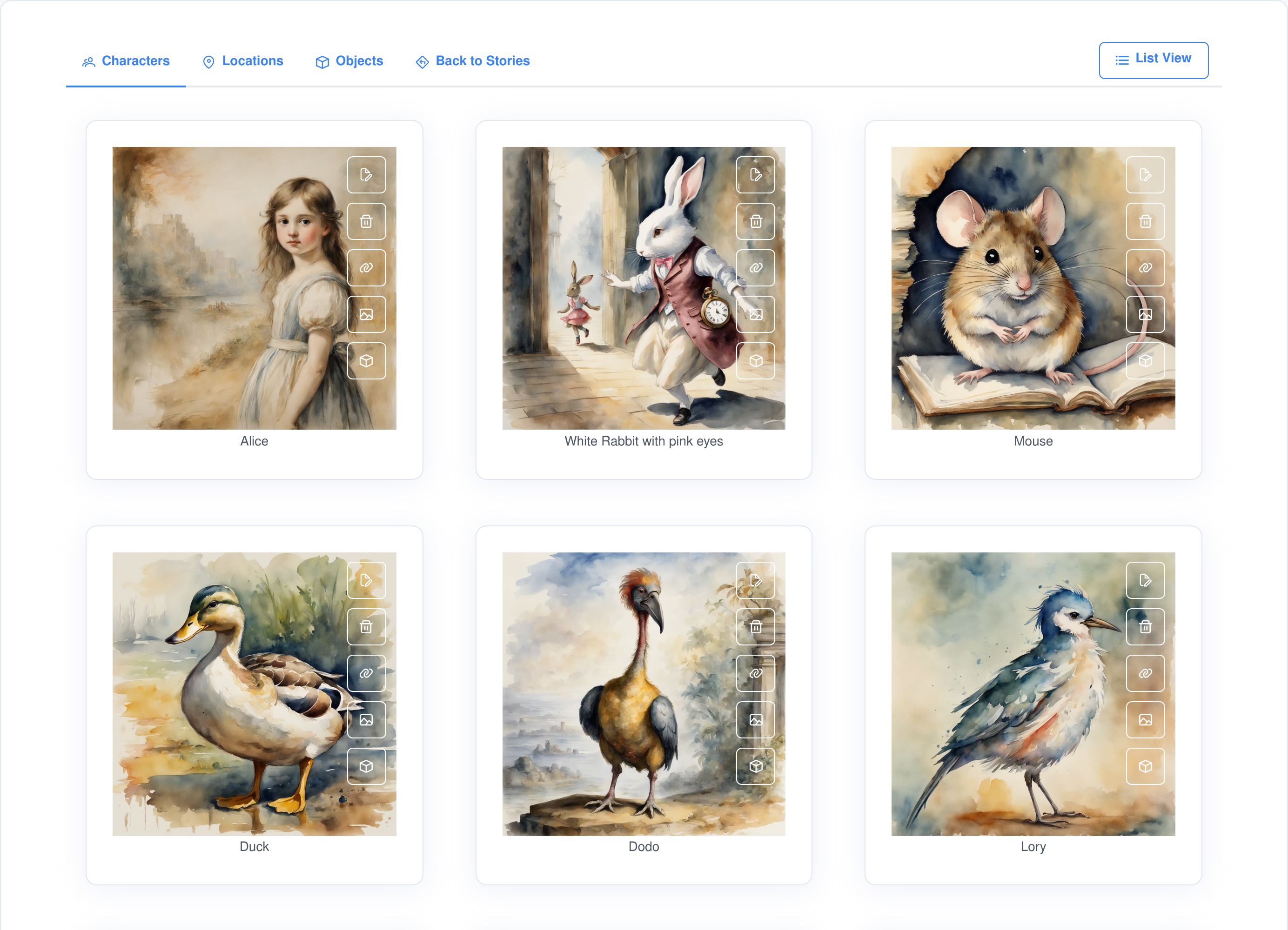 The Characters screen, a grid of AI-painted character portraits from a novel, each card carrying edit, delete, convert-to-agent, repaint and 3D buttons