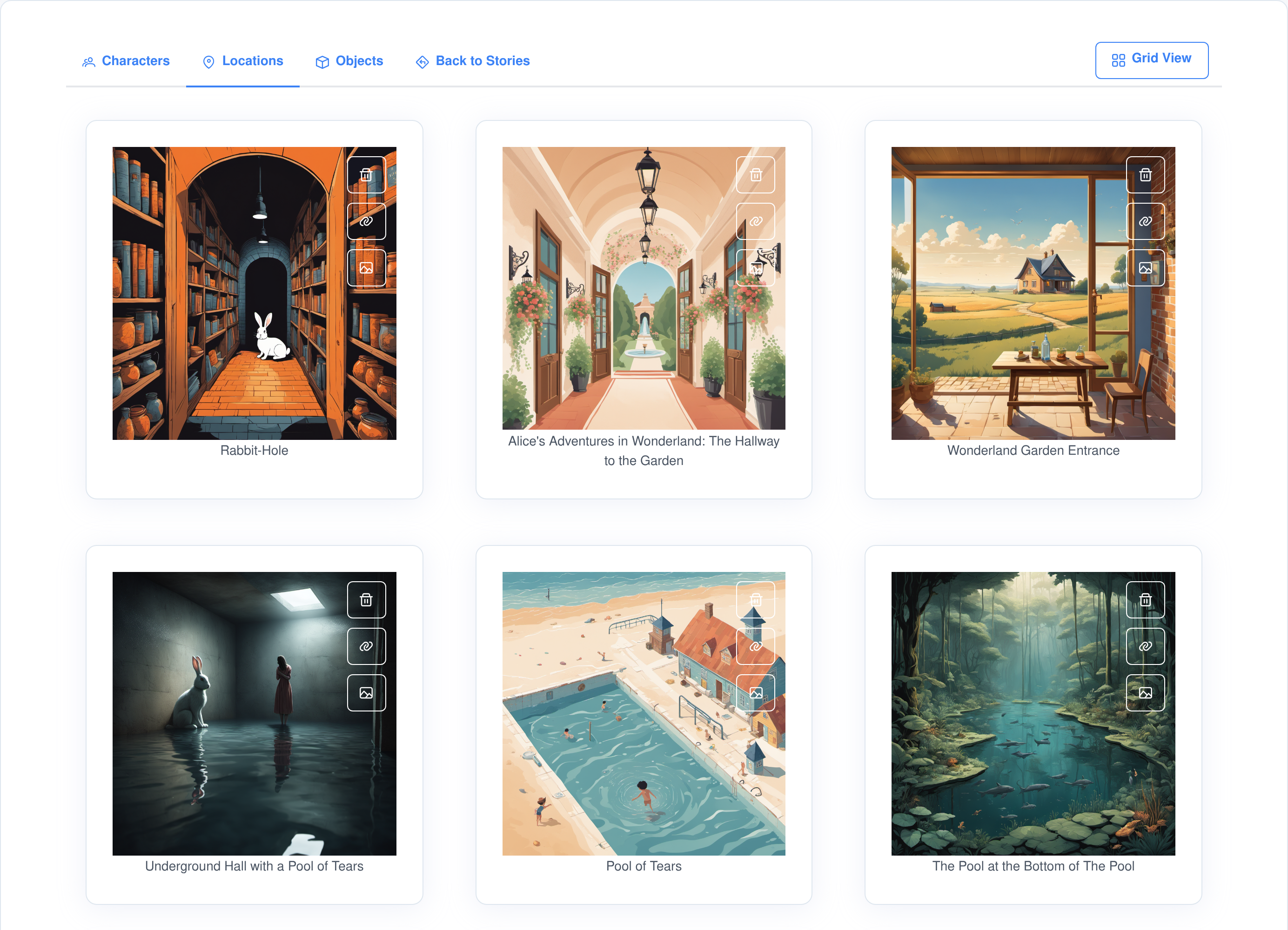 The Locations screen, a grid of AI-generated illustrations of places from a novel, each labelled with the location name extracted from the text