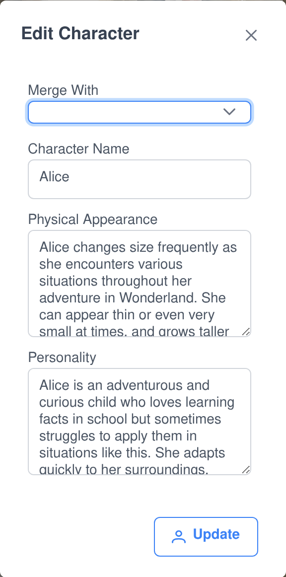 The Edit Character dialog, with a Merge With dropdown above editable name, physical appearance and personality fields