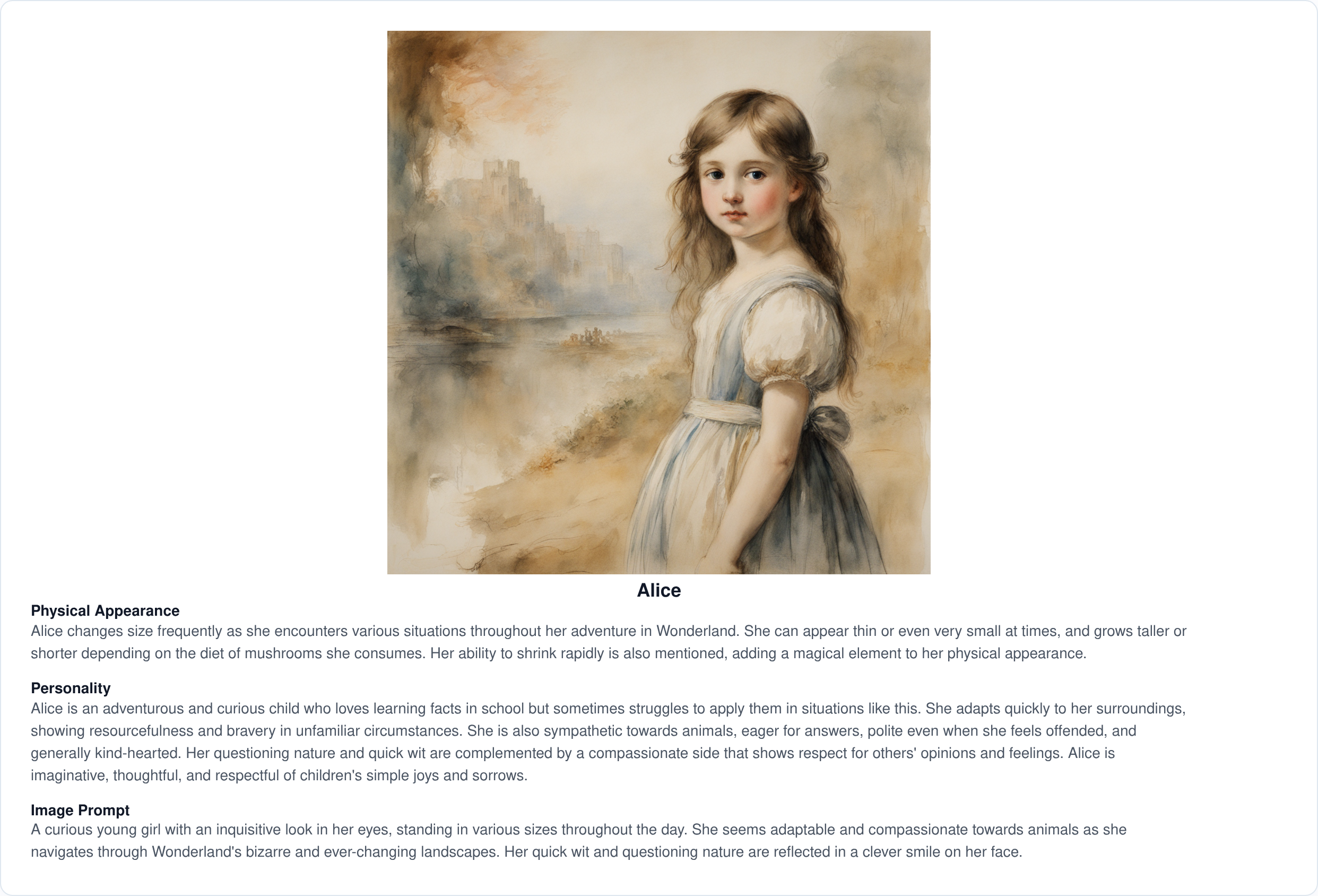 A single character in list view, showing the portrait, the consolidated physical appearance, the personality description and the image prompt used to paint it