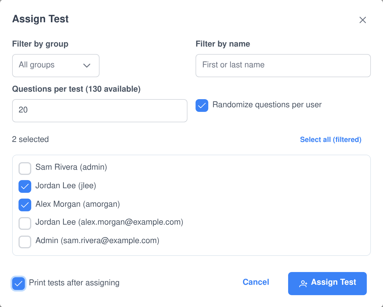 The Assign Test dialog: group and name filters, twenty questions per test with randomise per user ticked, a checklist of people, and an option to print the tests after assigning
