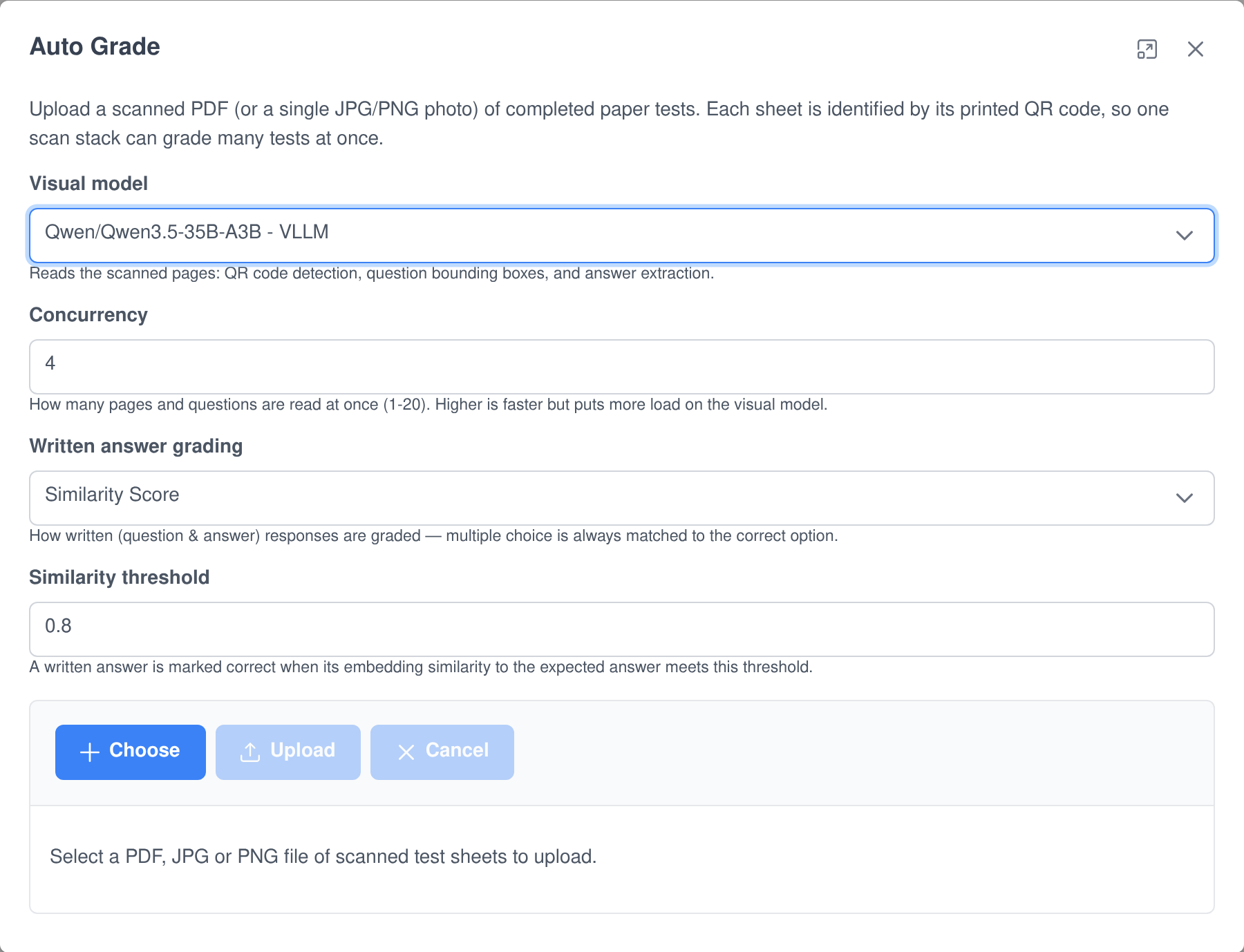 The Auto Grade dialog: a visual model chosen from the running models, a concurrency of four, written answer grading set to similarity score with a threshold of 0.8, and a file picker for the scanned PDF