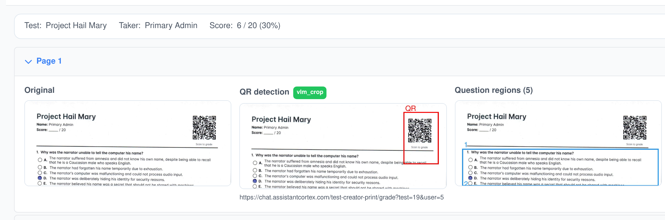 One scanned page in the audit trail, shown three times: the original render, the same page with the QR code boxed and its decoded text below it, and the page with each question region boxed and numbered