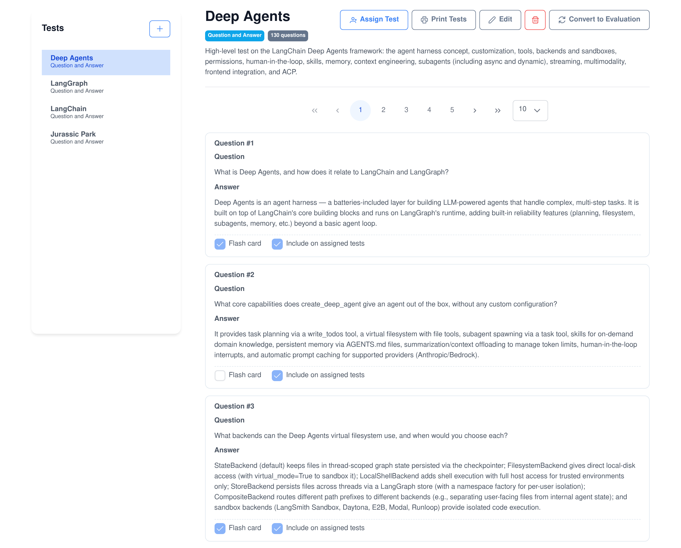 The Test Creator editor: a list of tests on the left and, on the right, a 130-question test with each question, its answer and its flash card and include-on-test flags