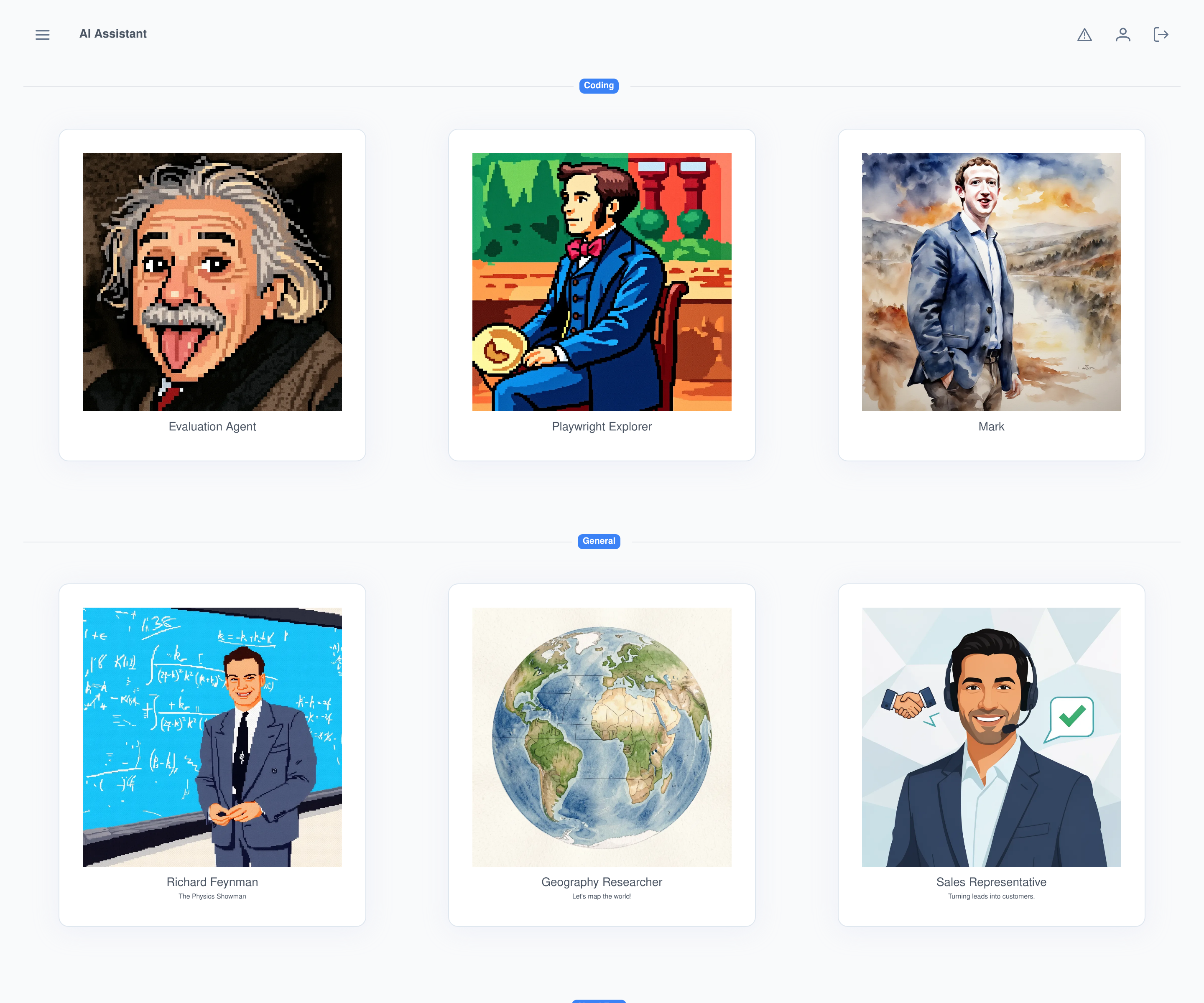 The agent picker: every available agent grouped by category, one click from a live conversation