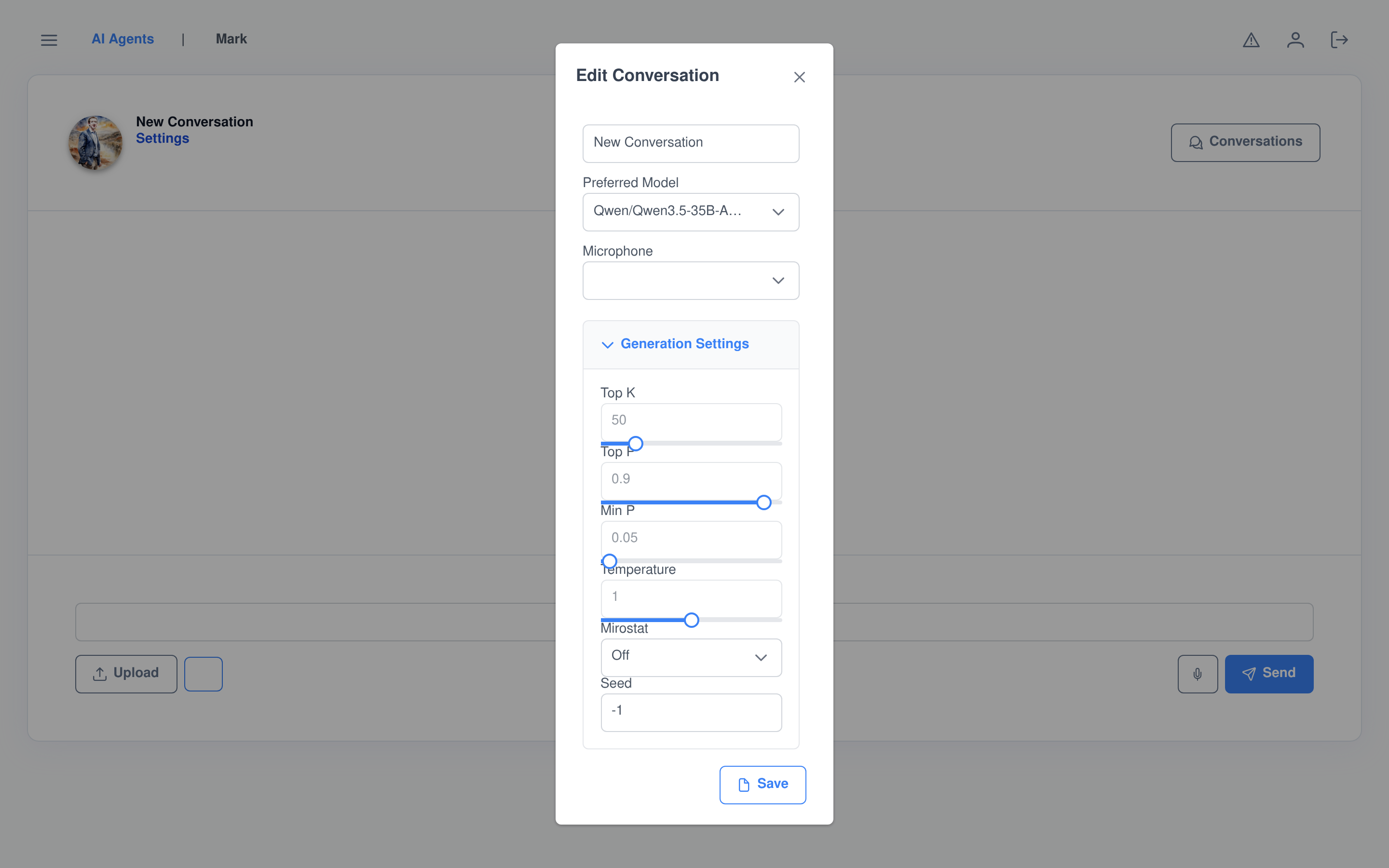 The Edit Conversation dialog: preferred model, microphone, and an expanded Generation Settings accordion