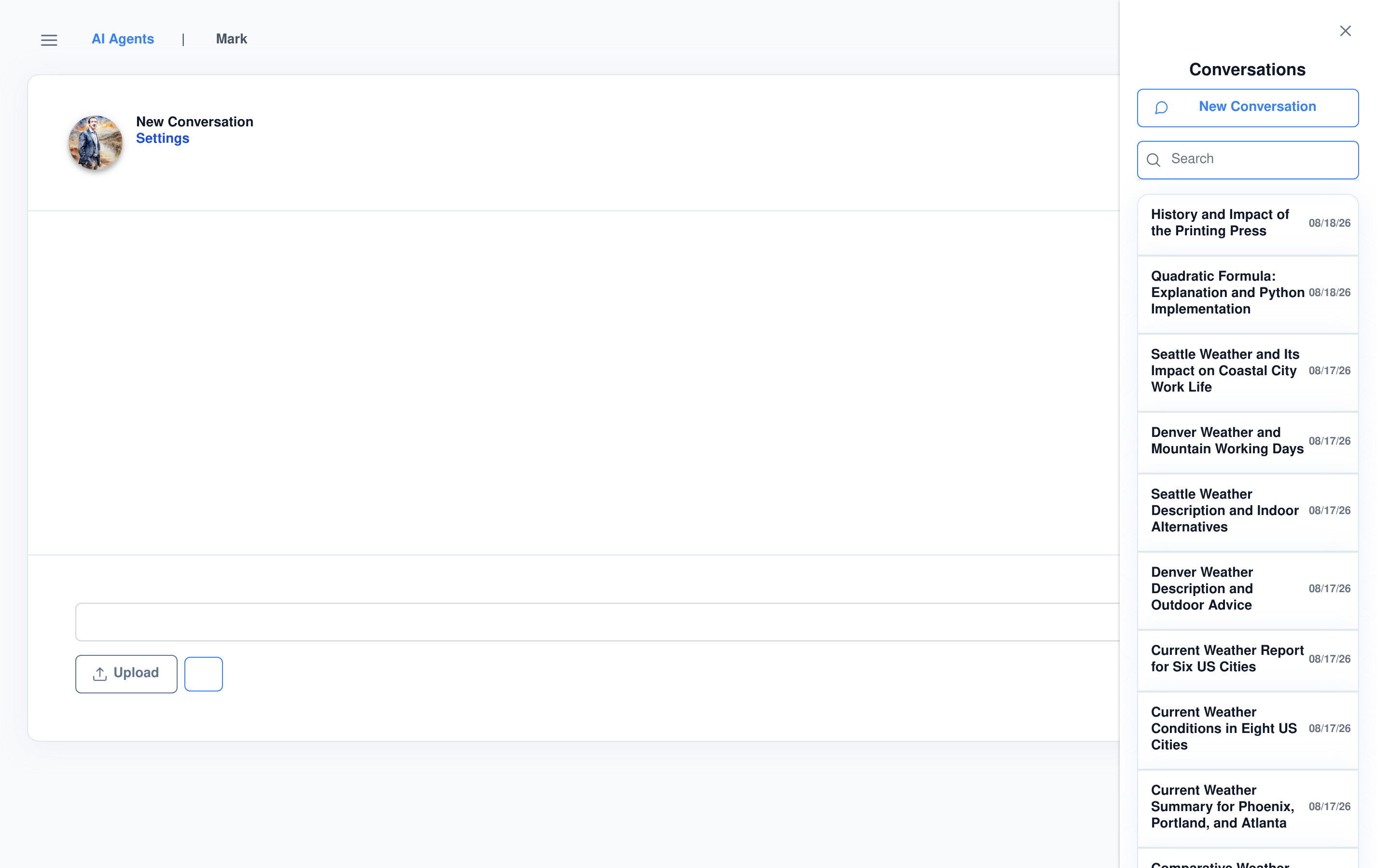 The conversations sidebar: search, tag groups, and a real conversation history