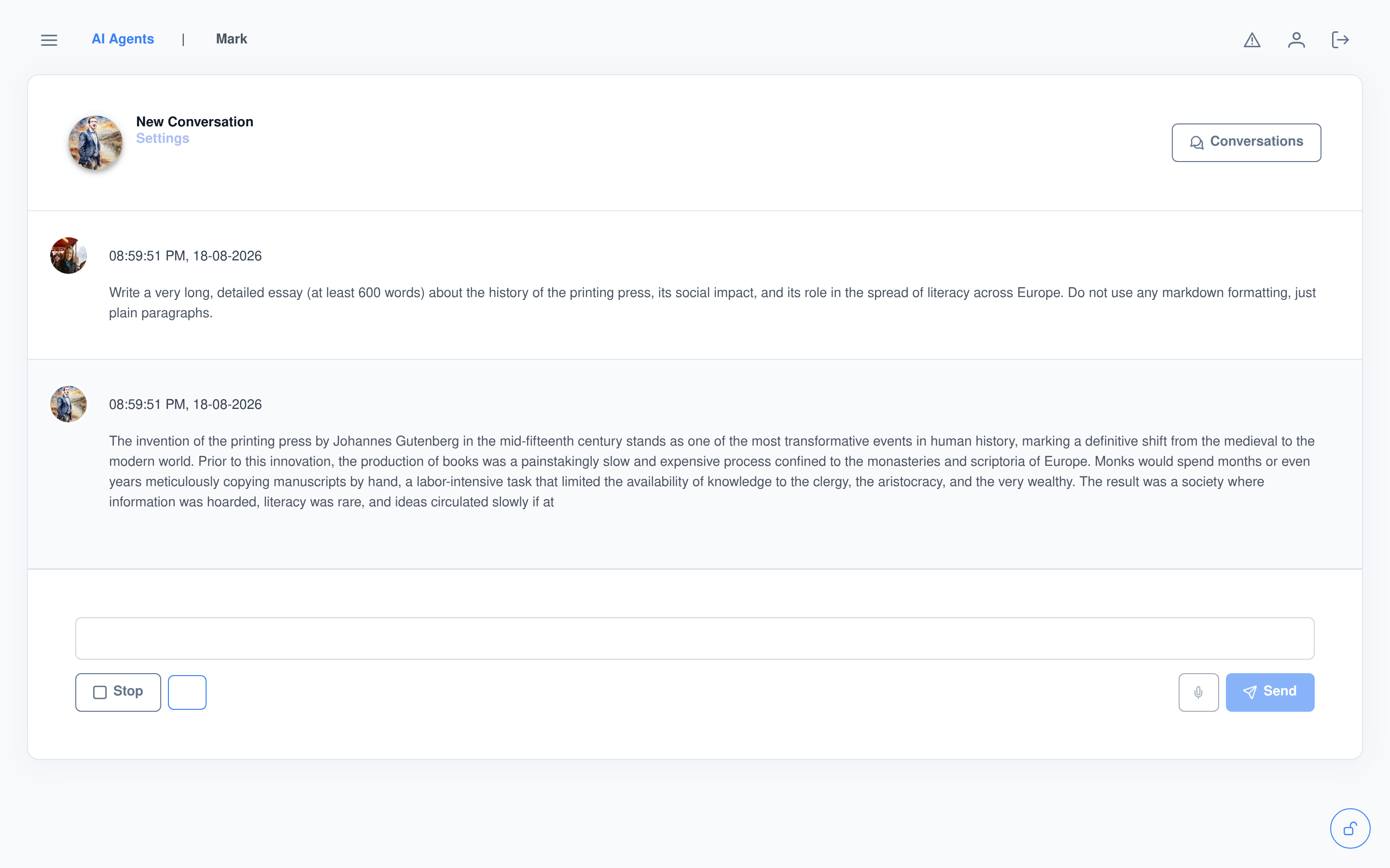 Generation in progress with the Stop button visible, partway through a long reply