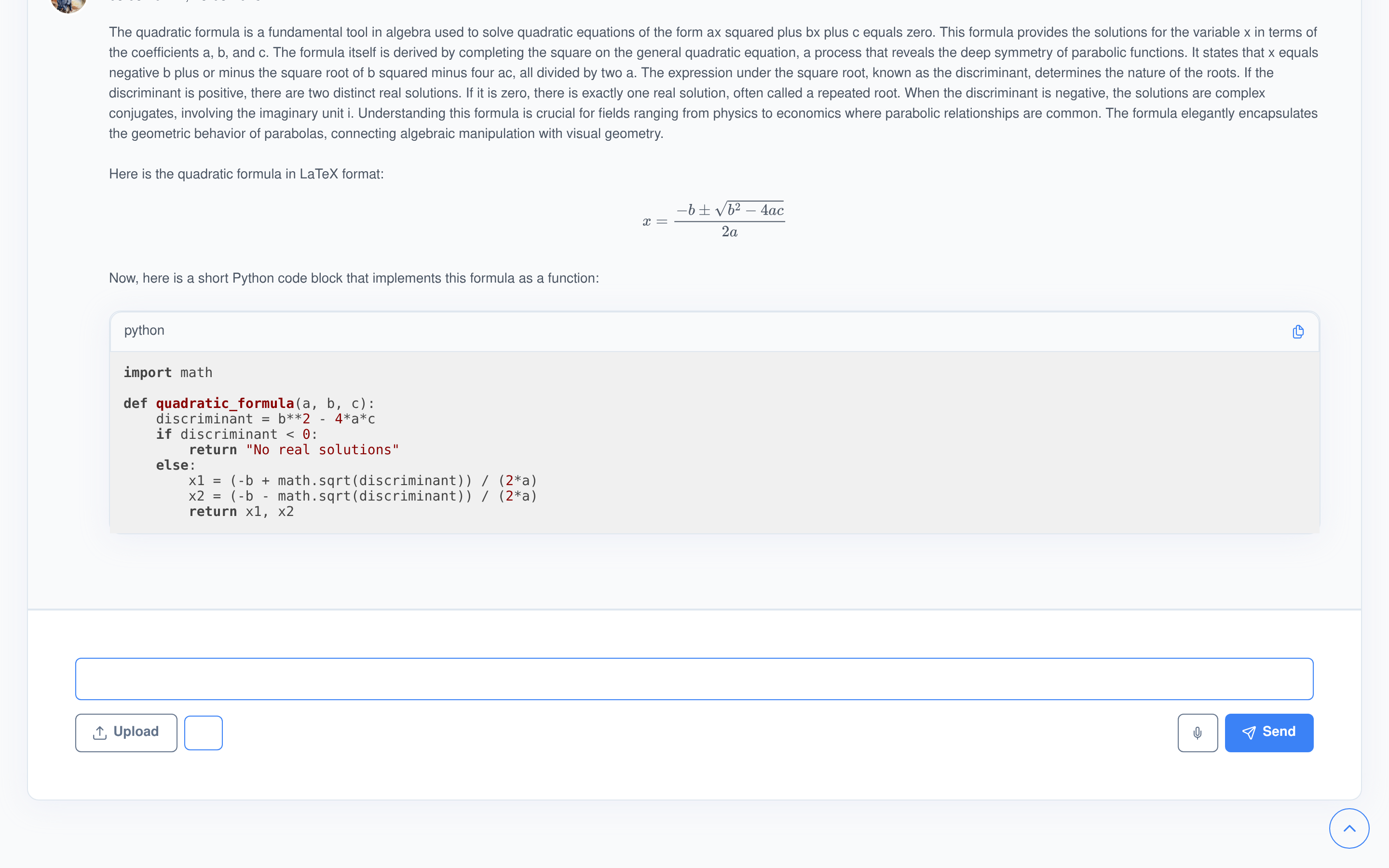 A chat reply with a live MathJax-rendered quadratic formula and a syntax-highlighted Python code block