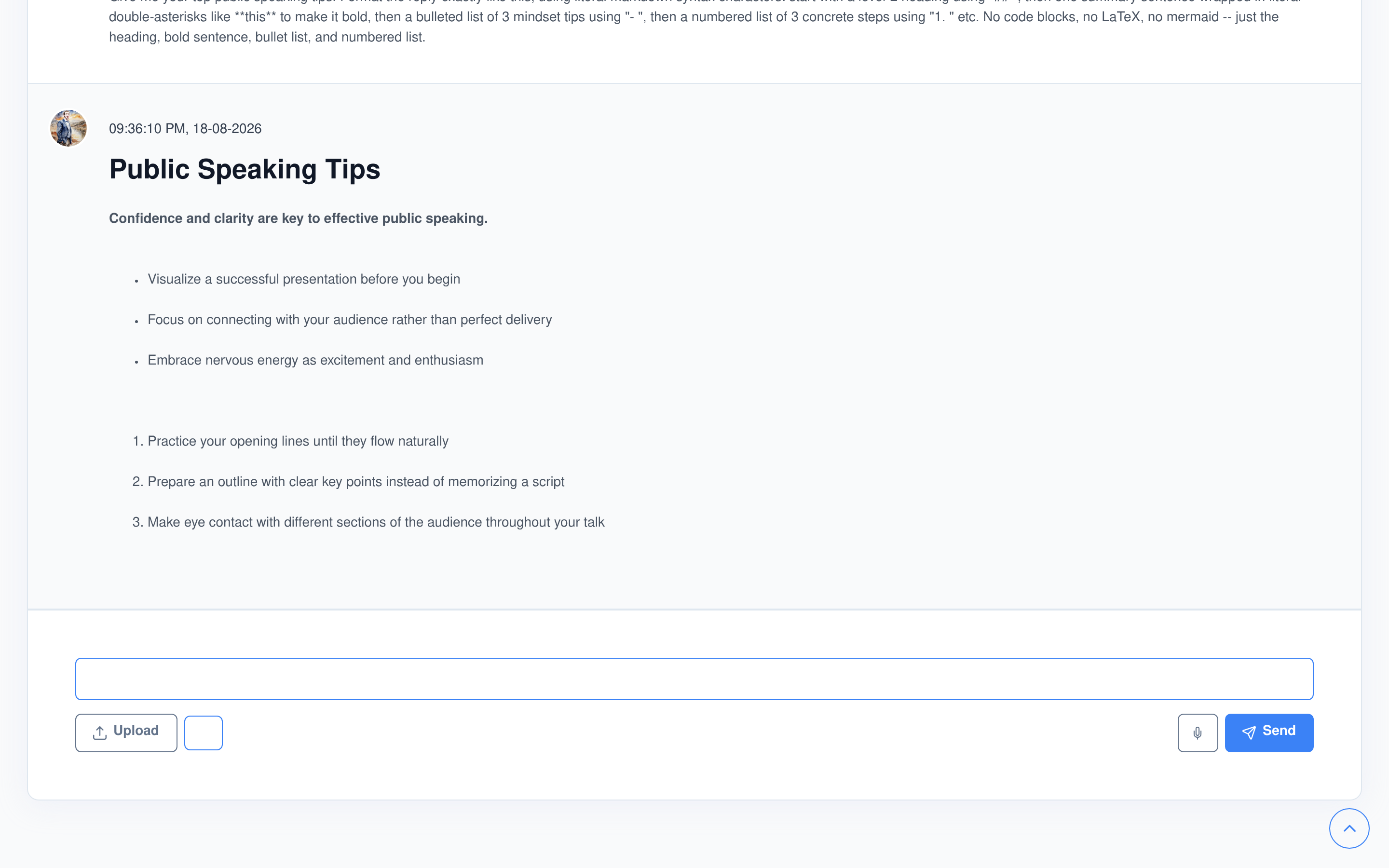 A reply with a real markdown heading, bold text, a bulleted list and a numbered list, all parsed from plain markdown